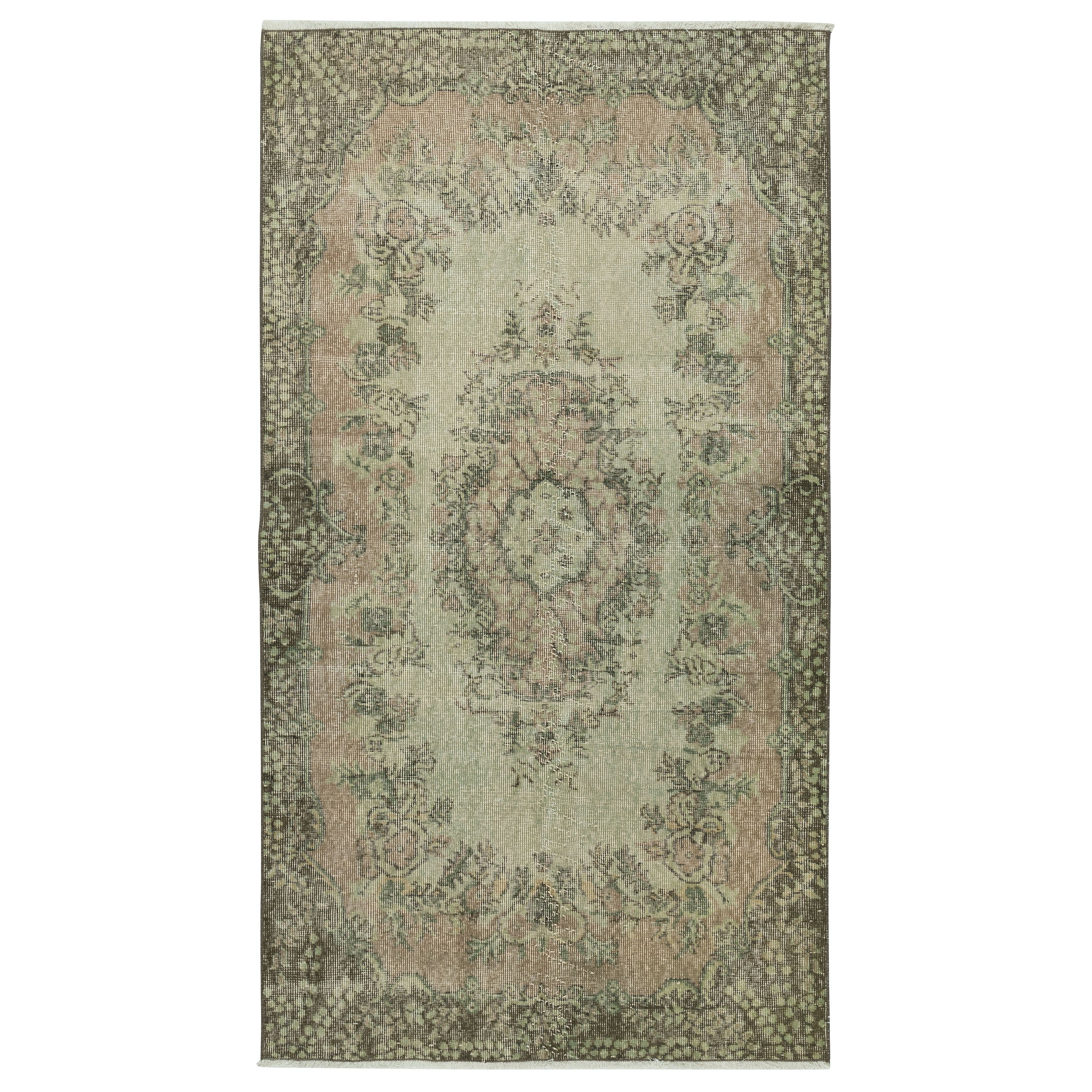 3.8x7 Ft Green Color Modern Accent Rug with Medallion Design, Handmade in Turkey For Sale