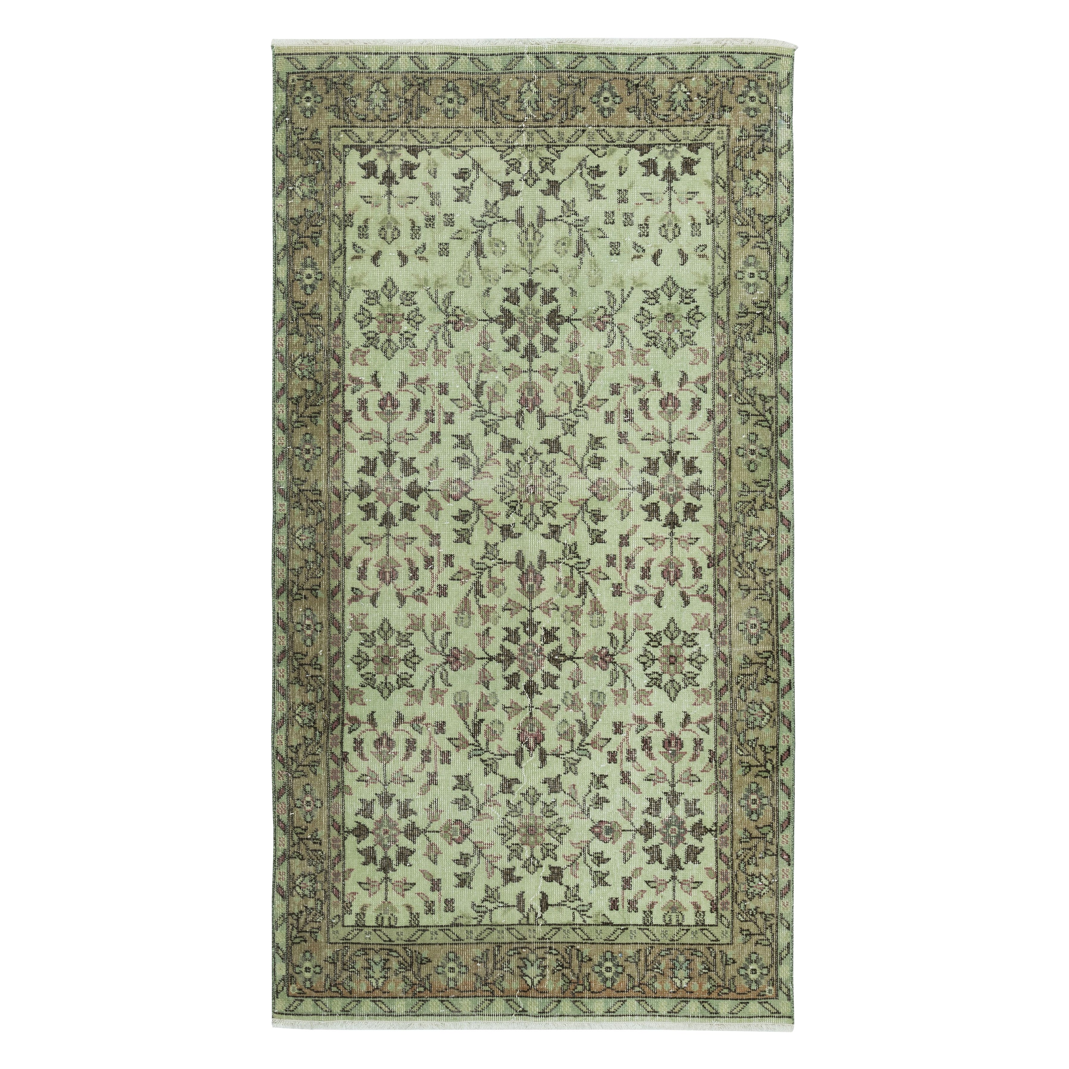 3.8x7 Ft Contemporary Handmade Green Color Turkish Accent Rug with Floral Design