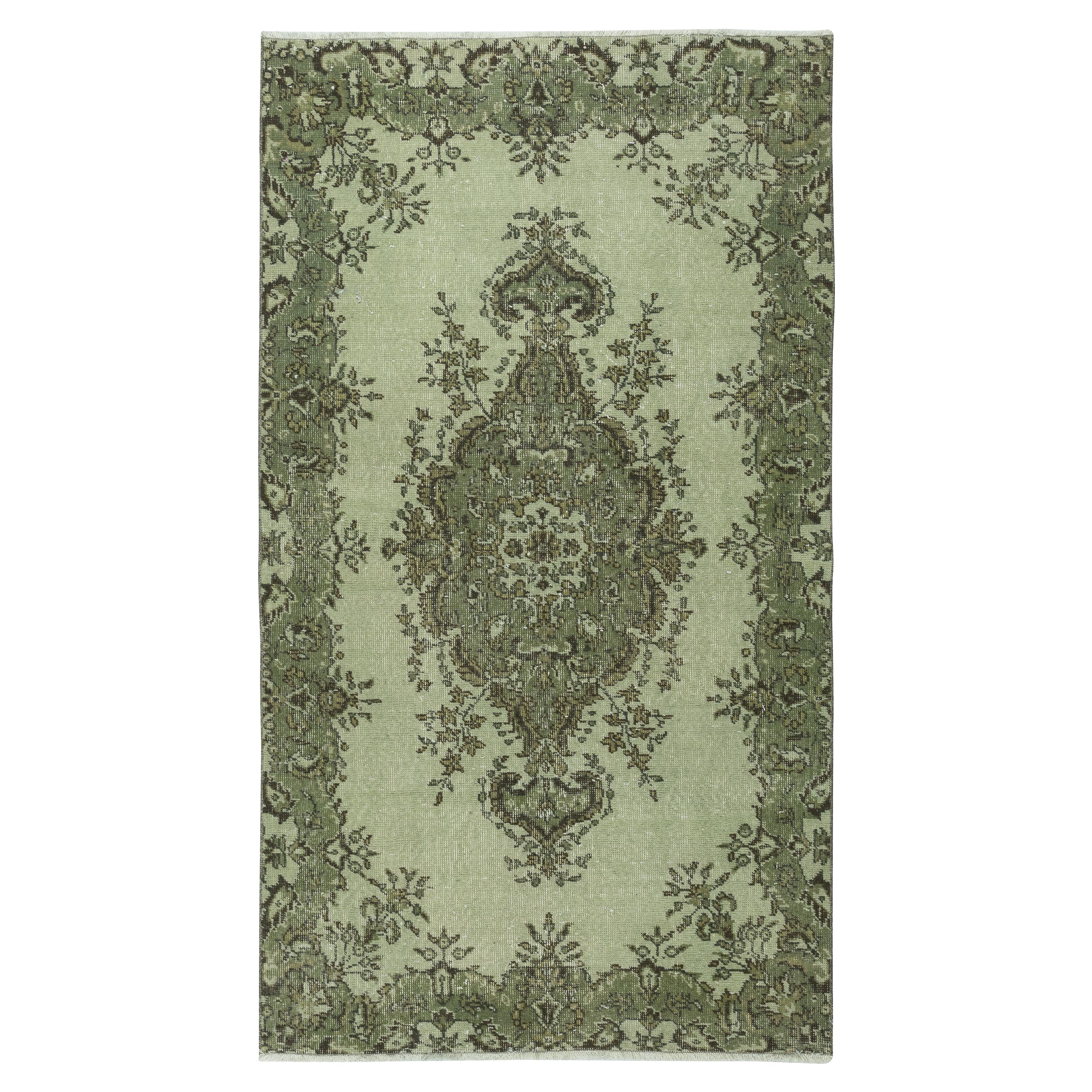 3.8x7 Ft Light Green Color Medallion Design Accent Rug, Handmade in Turkey