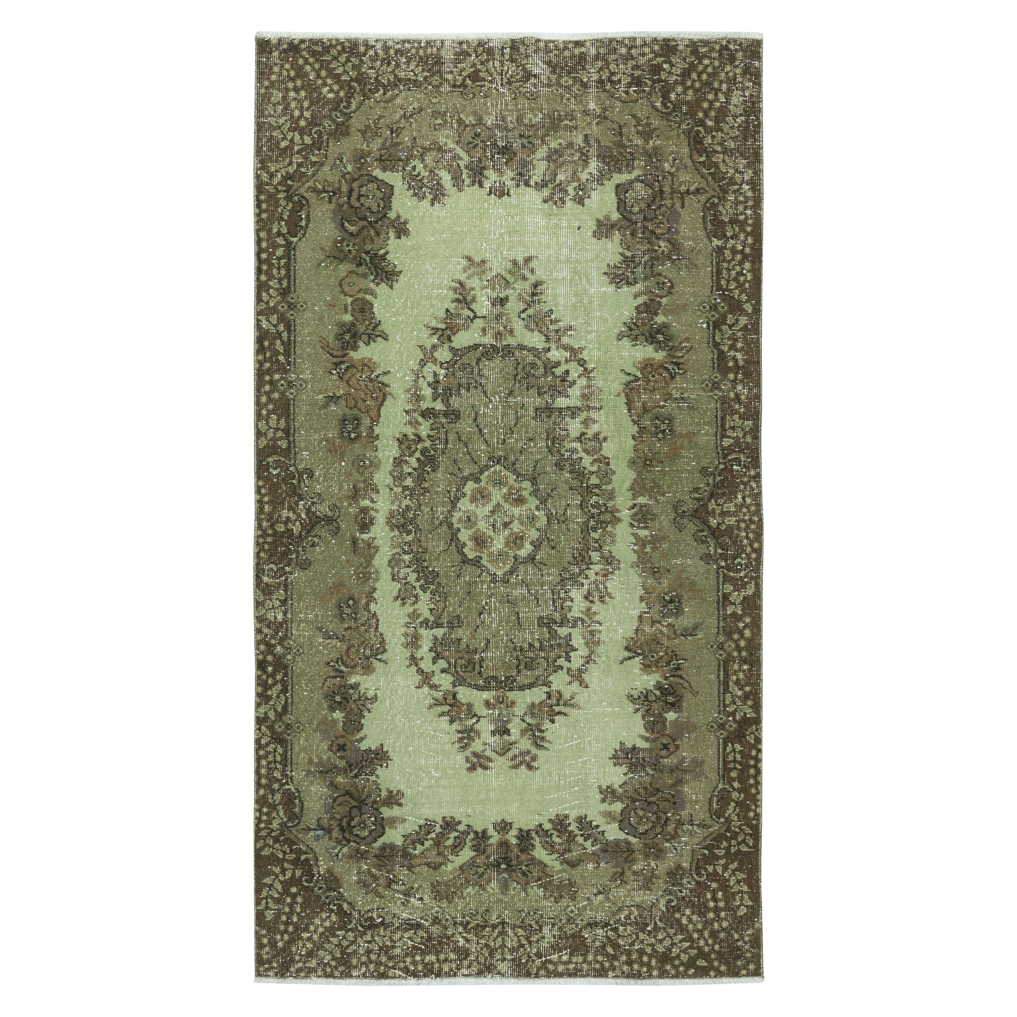3.8x7 Ft Hand-Made Green Color Medallion Design Accent Rug from Turkey