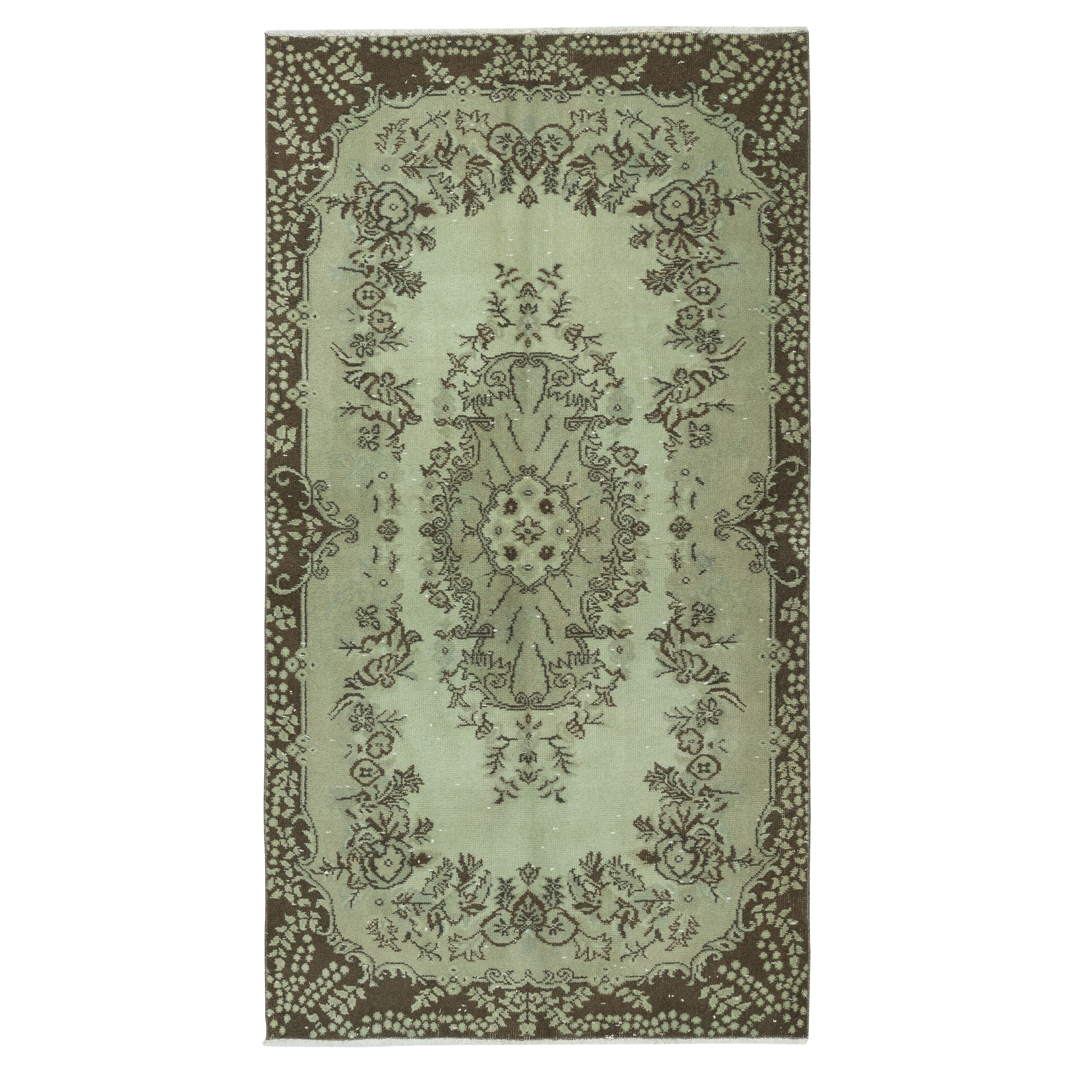 Alfombra turca moderna hecha a mano de 3,8x6,8 pies en verde. Alfombra decorativa con diseño de medallón