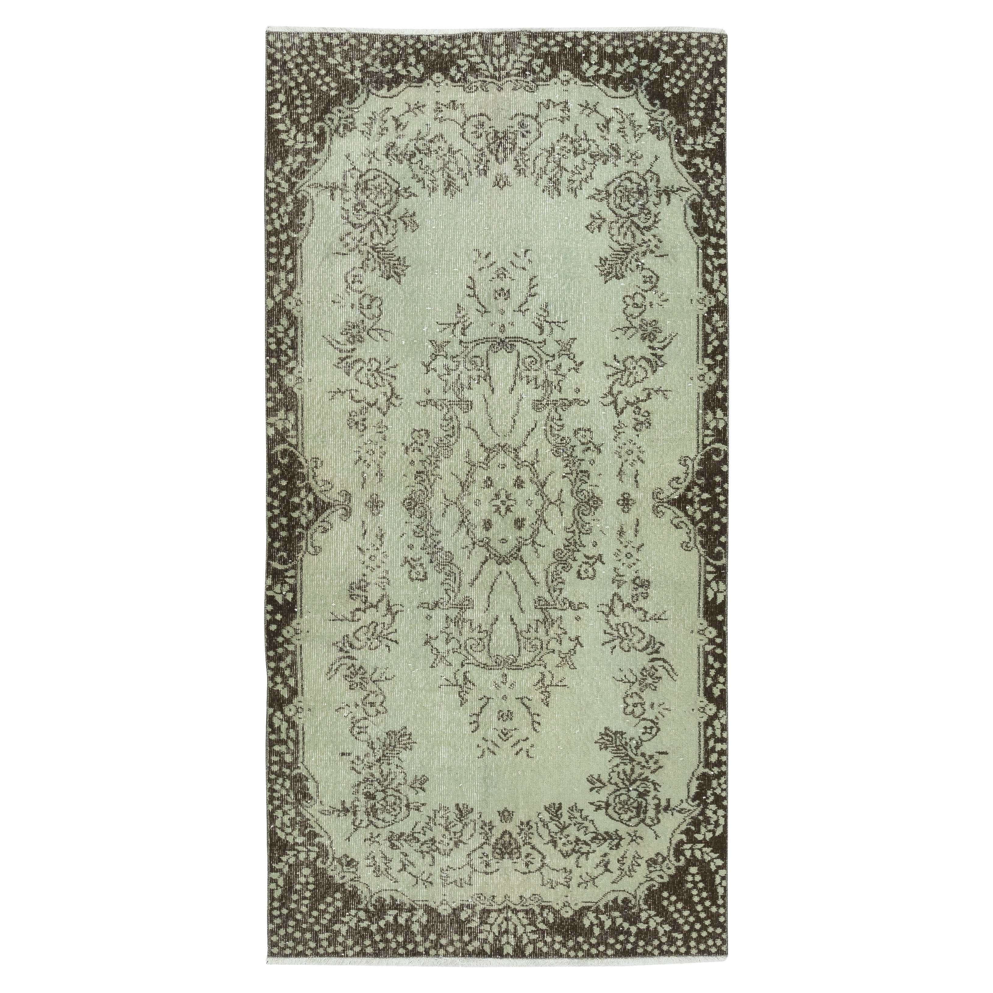 3.7x7.3 Ft Handmade 1960s Turkish Low Pile Accent Rug dyed in Light Green Color en vente