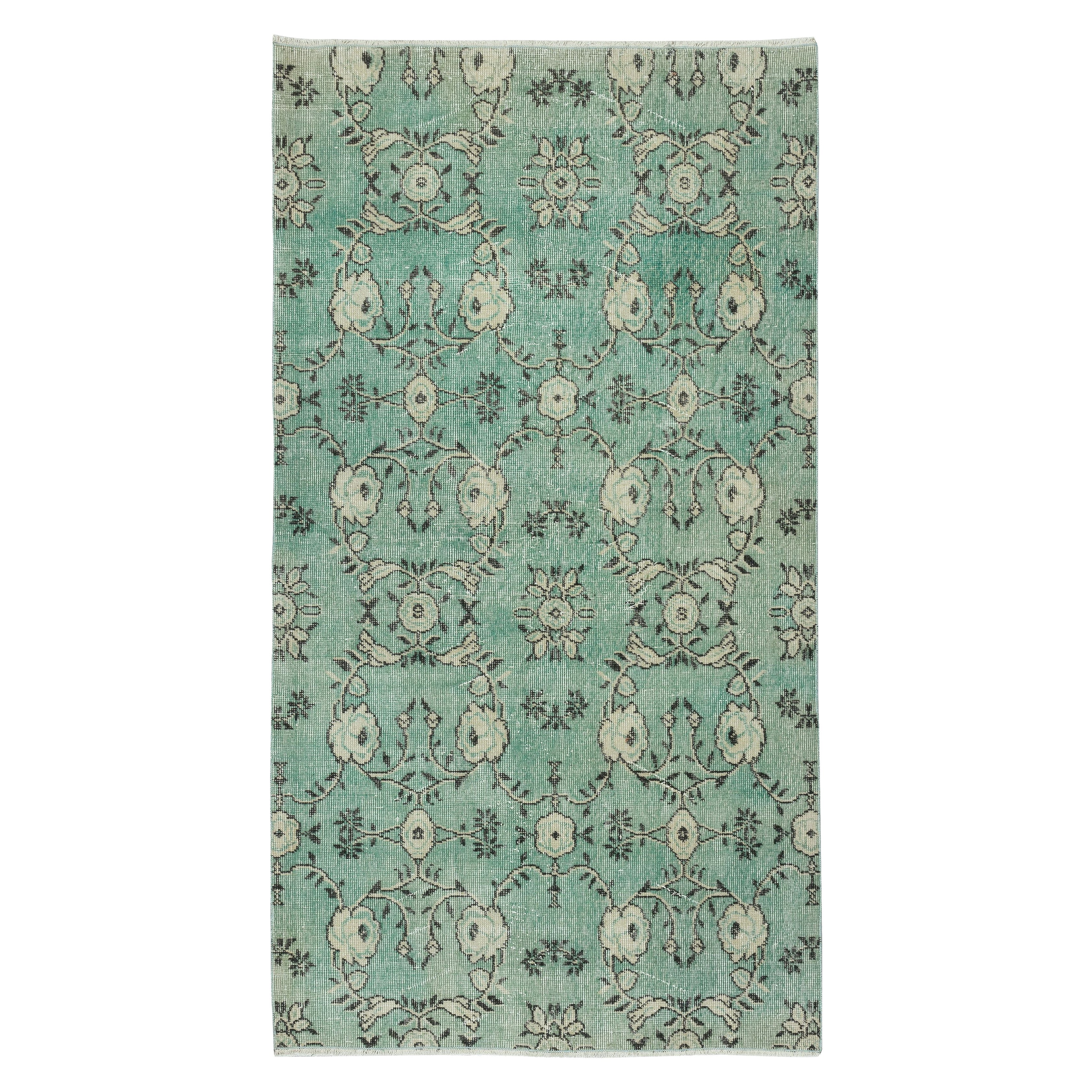 3.8x6.8 Ft Green Color Handmade Turkish Accent Rug with Flower Design