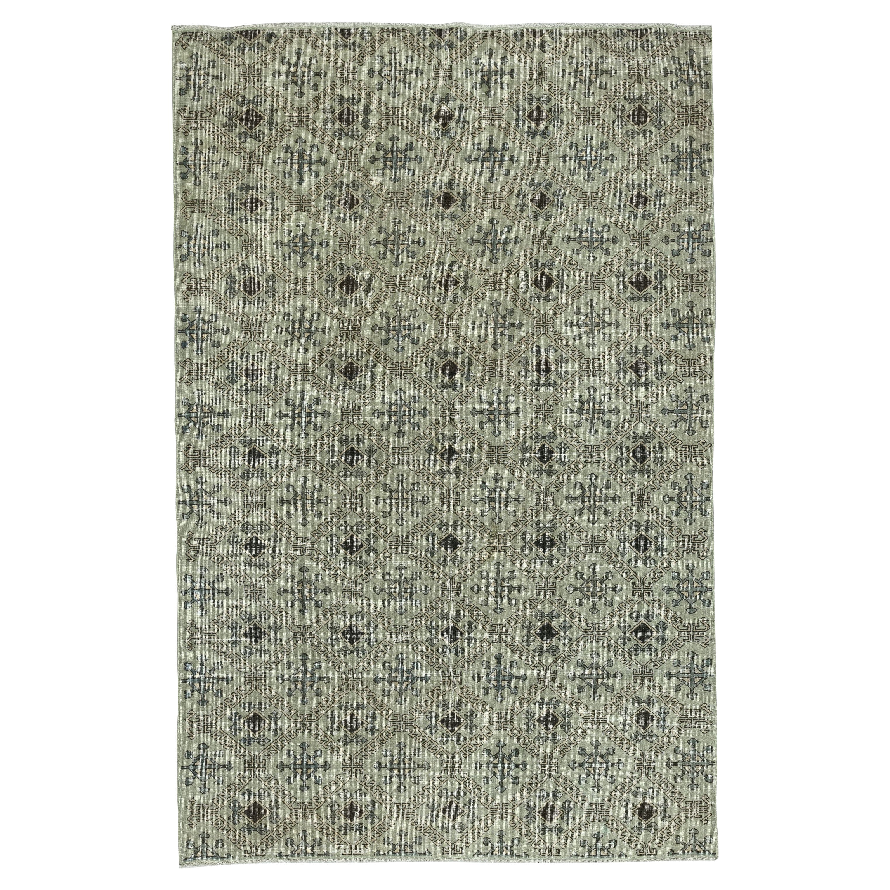 6x9.2 Ft Handmade Turkish Wool Area Rug with Floral Design and Green Background