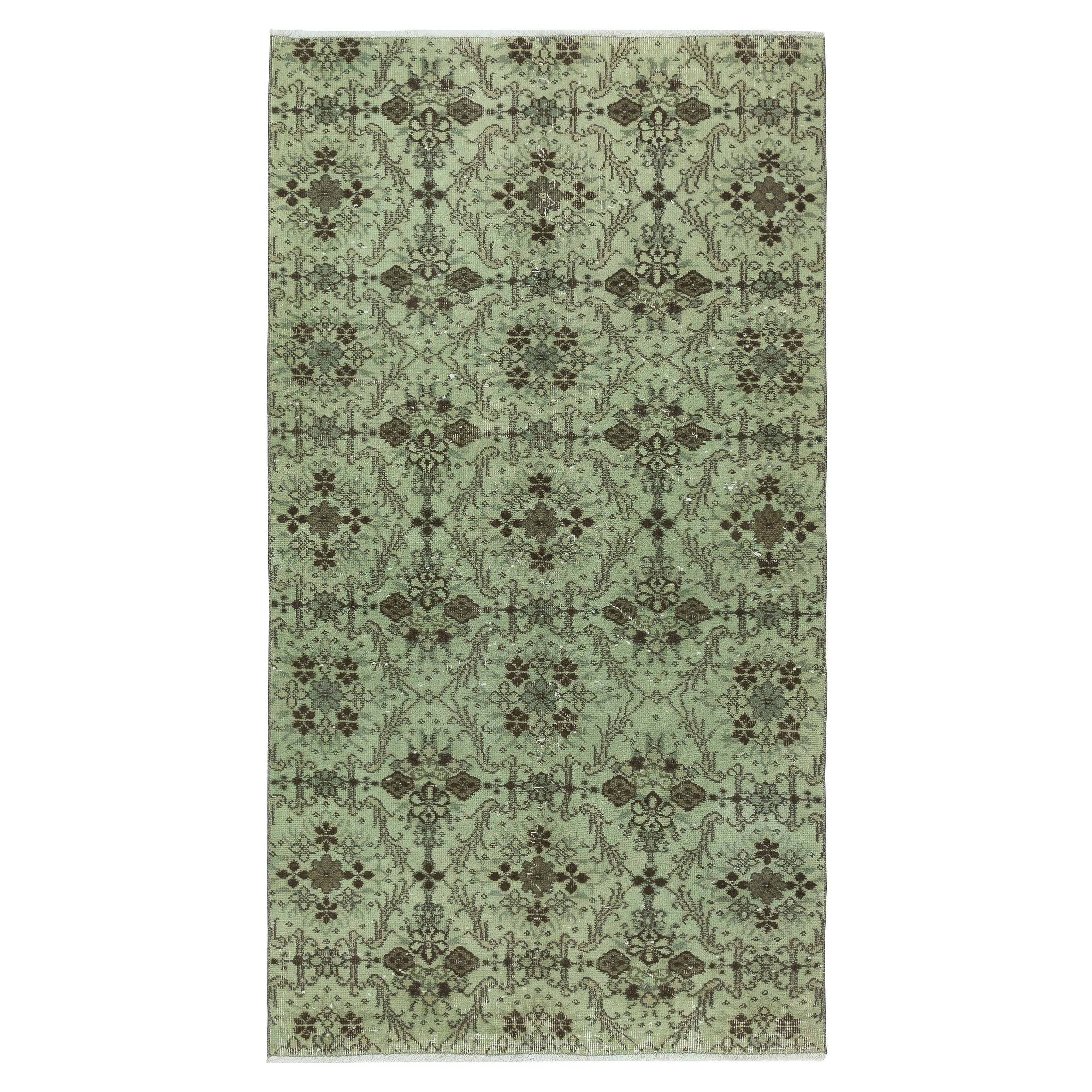 3.8x7 Ft Handmade Turkish Accent Rug with Floral Design and Green Background