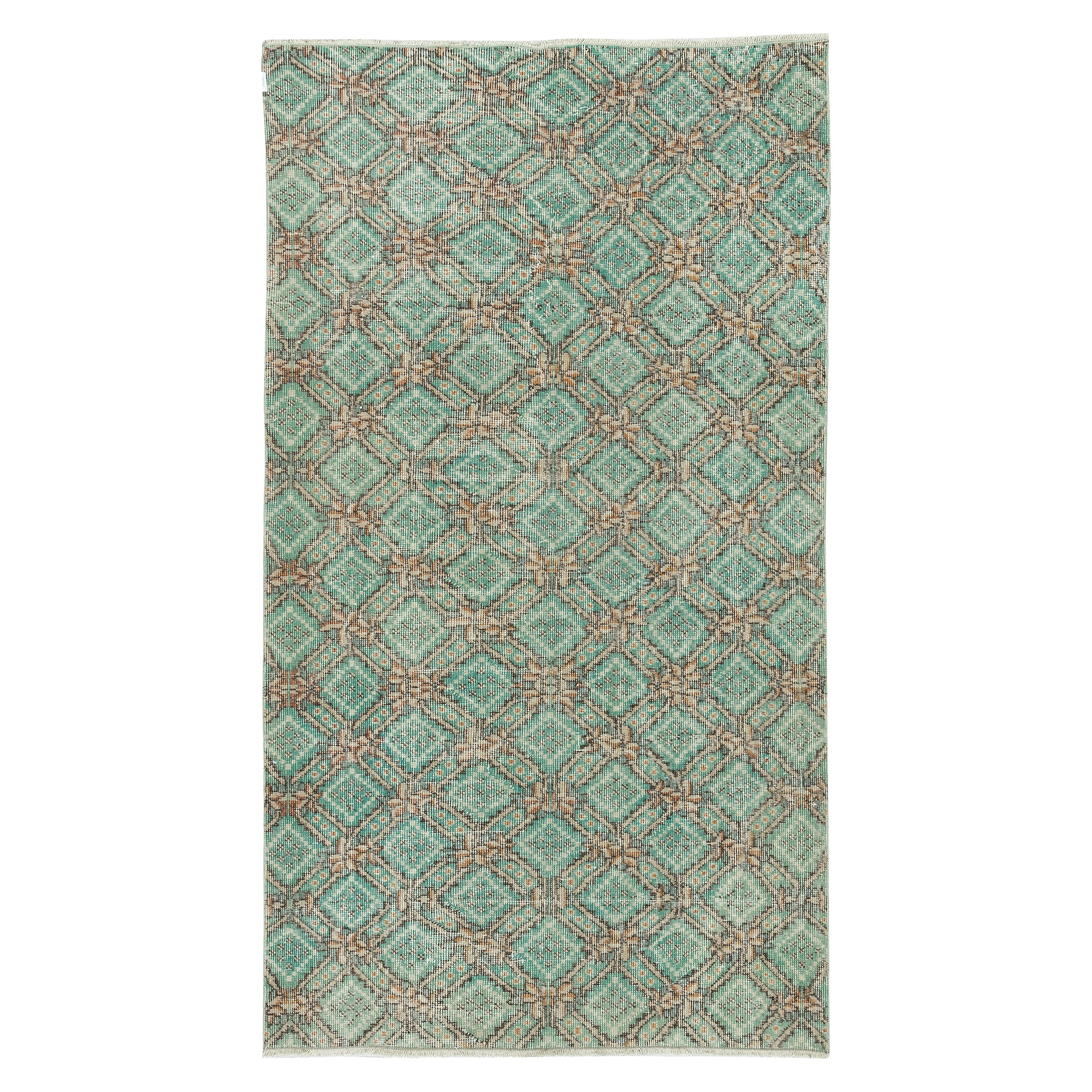 3.8x6.6 Ft One of a kind Vintage Handmade Turkish Accent Rug in Green Color
