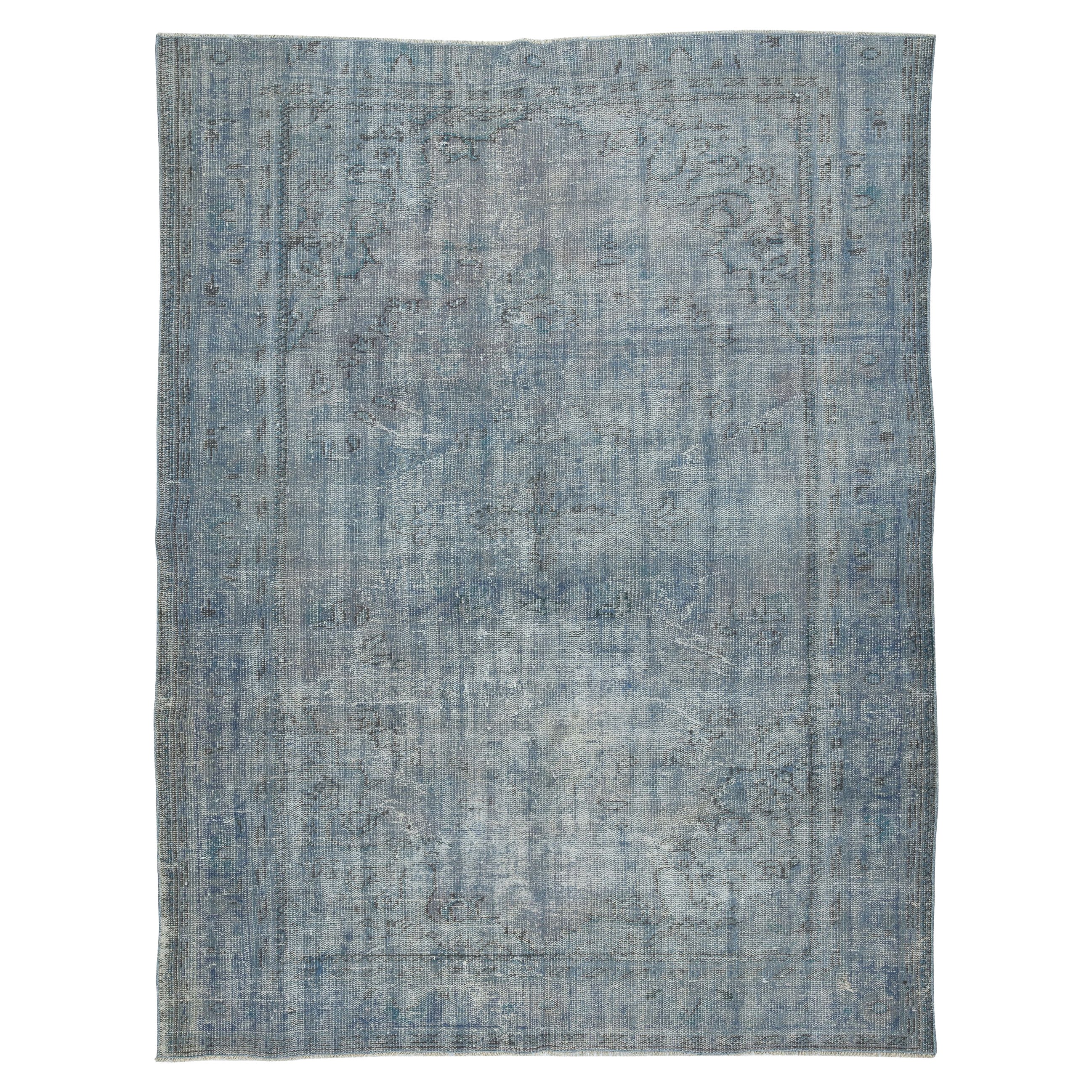 6.6x8.6 Ft Vintage Turkish Area Rug redyed in Blue Color for modern interiors For Sale