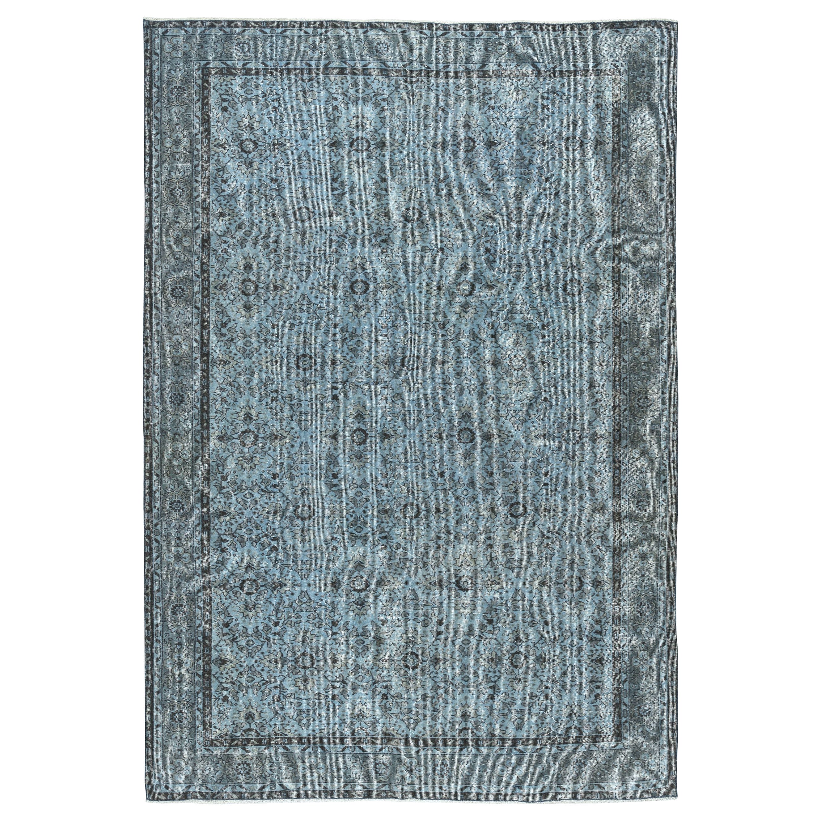 7x11.5 Ft Modern Handmade Blue Color Turkish Wool Area Rug with Floral Design