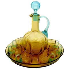 Legras 1899s French Amber & Azure Glass Liqueur Set, Decanter, Cordials, Tray