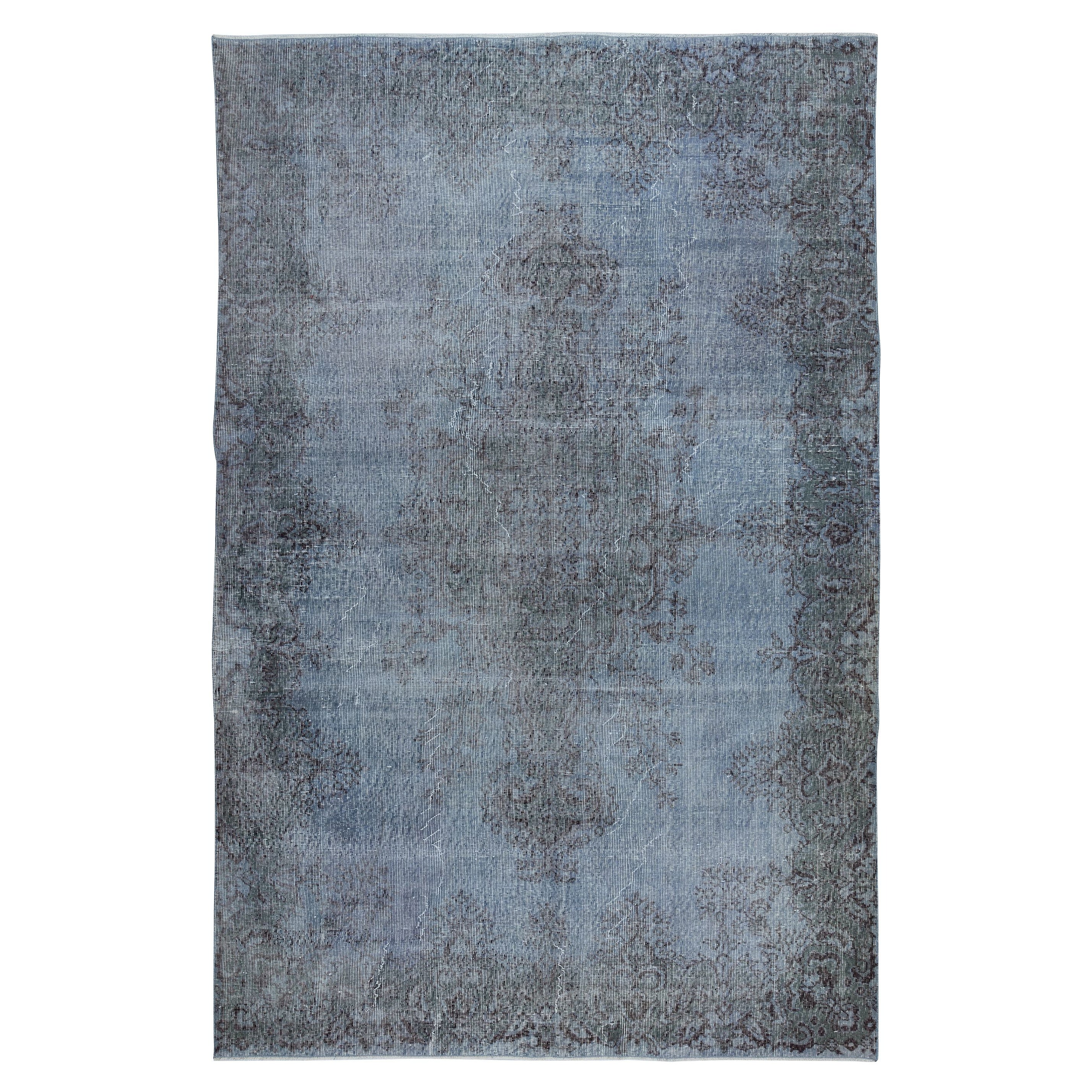 6.6x9.5 Ft Vintage Handmade Turkish Rug Over-Dyed in Blue for Modern Interiors