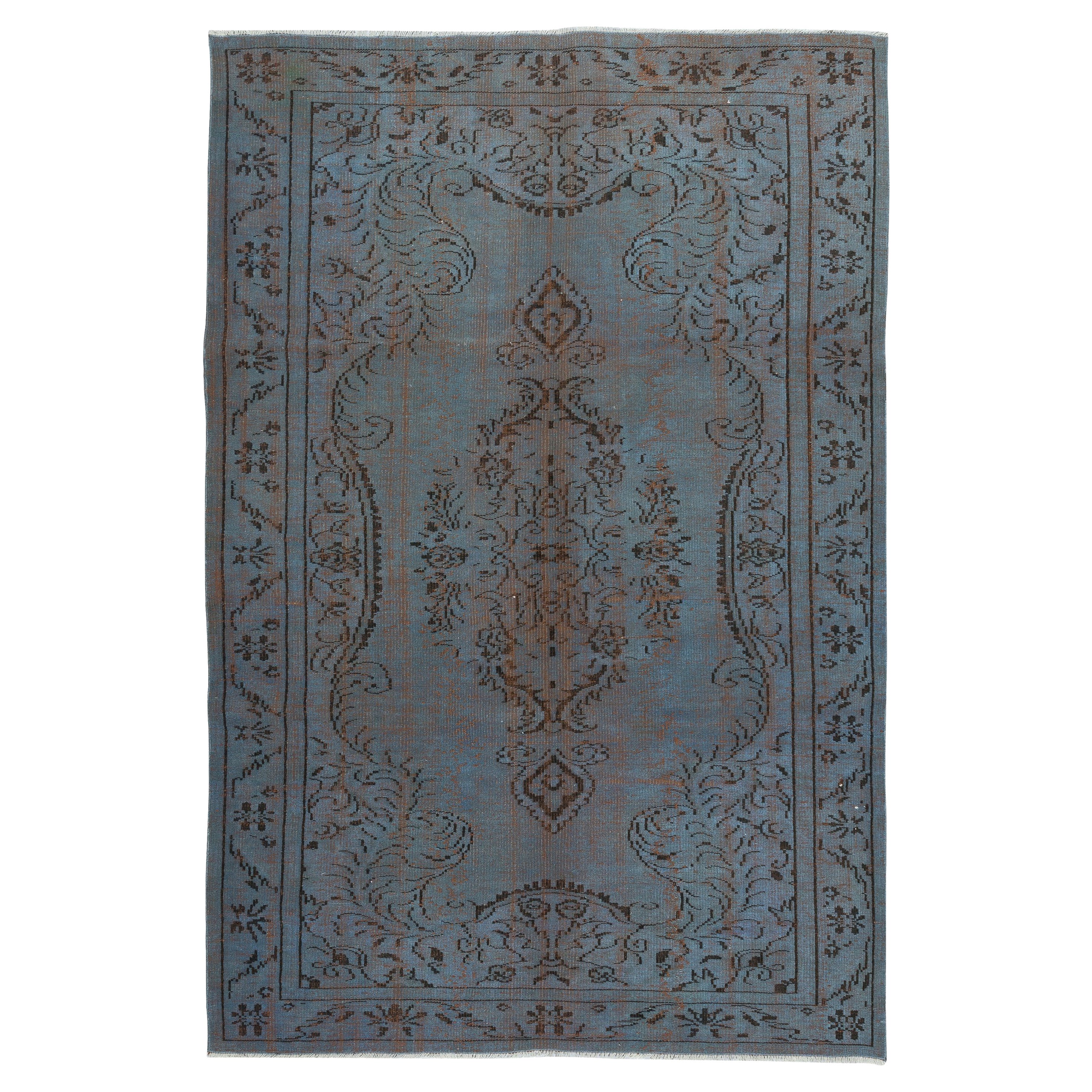 6x8.8 Ft Vintage Handmade Area Rug redyed in Blue Color for modern interiors For Sale