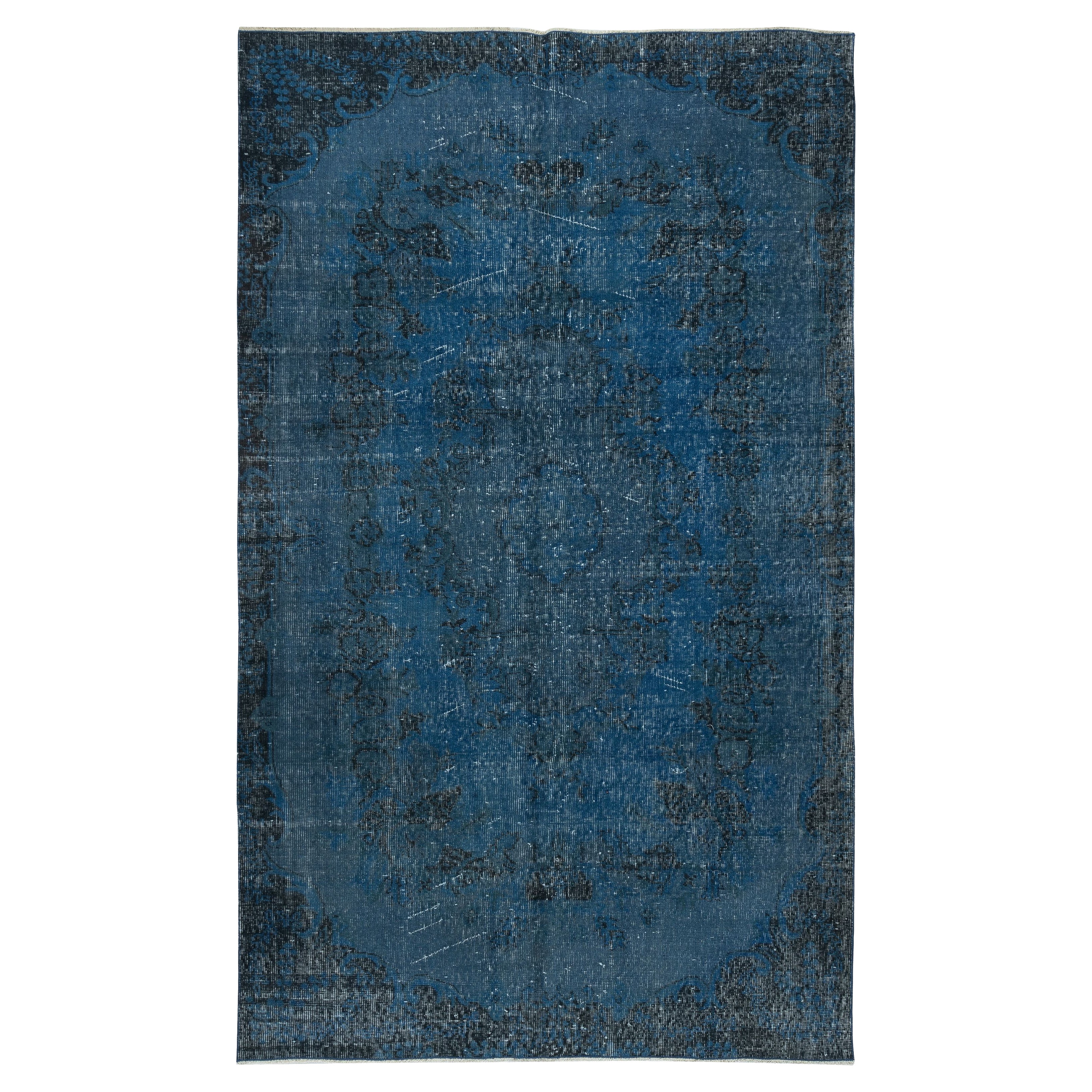 Alfombra azul para interiores contemporáneos, 5,2x8,7 pies, hecha a mano en Turquía
