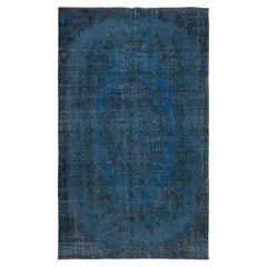 Alfombra azul para interiores contemporáneos, 5,2x8,7 pies, hecha a mano en Turquía