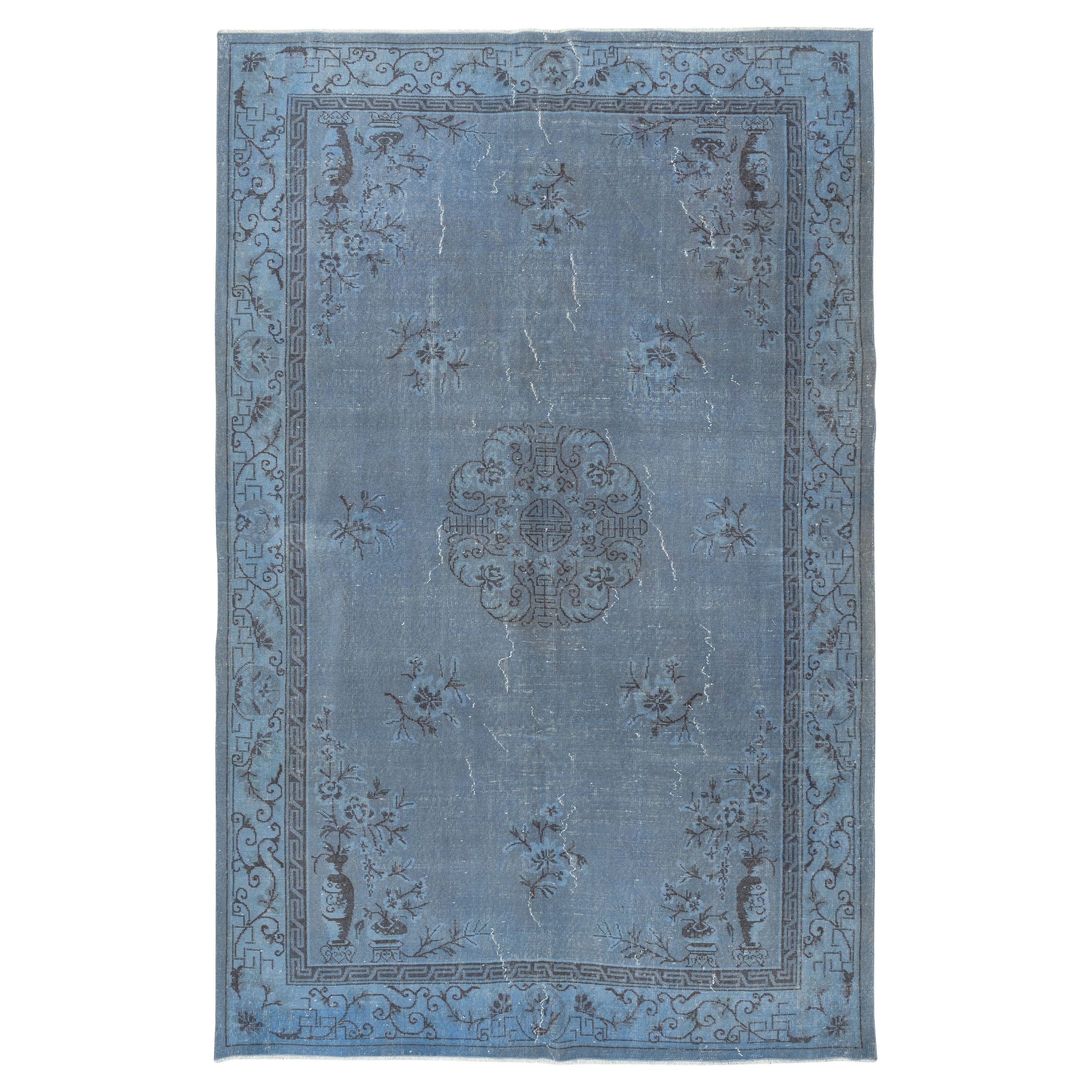 Tappeto di lana blu con design Art Deco, Tappeto vintage fatto a mano in vendita