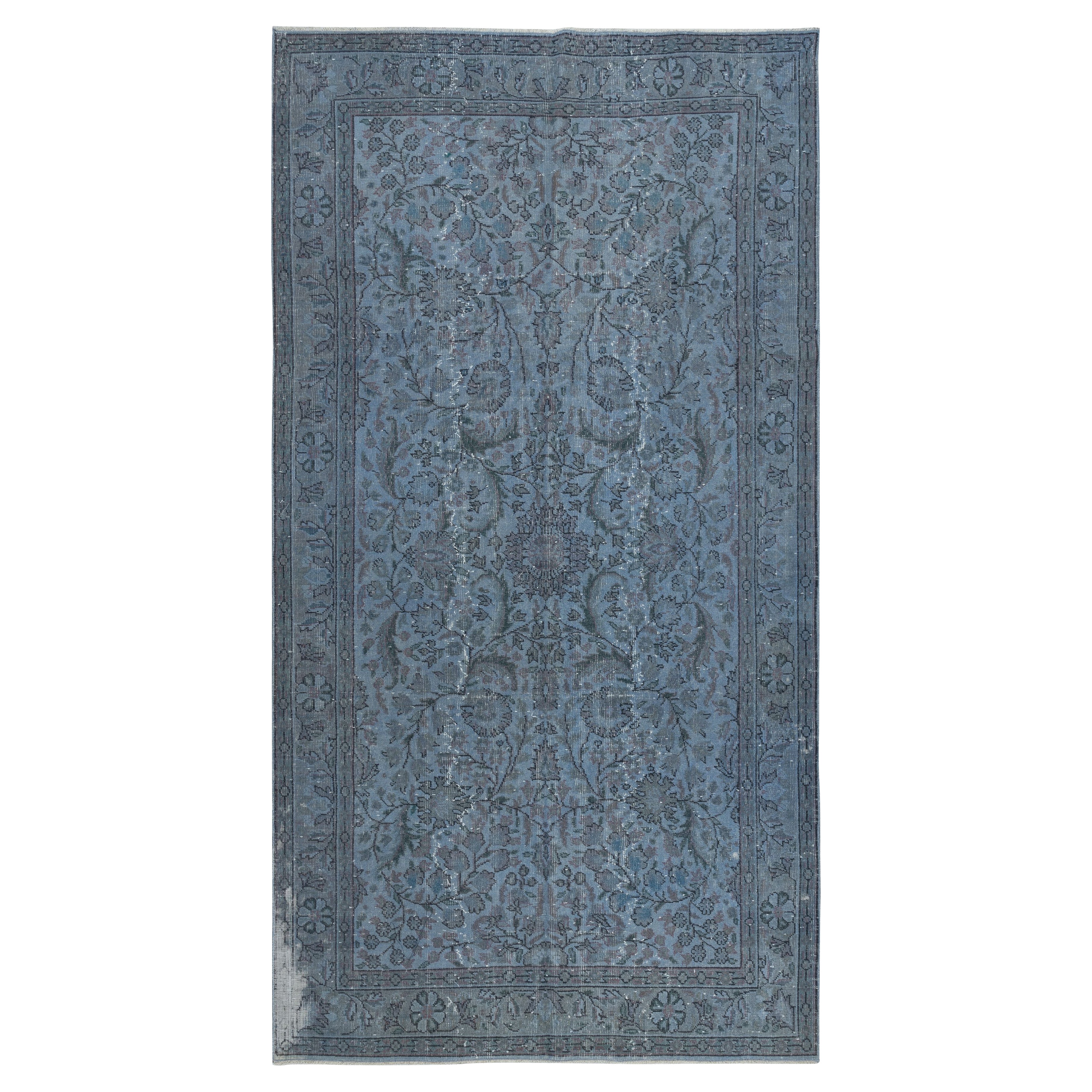 Alfombra azul con motivos florales, anudada a mano en Turquía, 5,3 x 10 pies