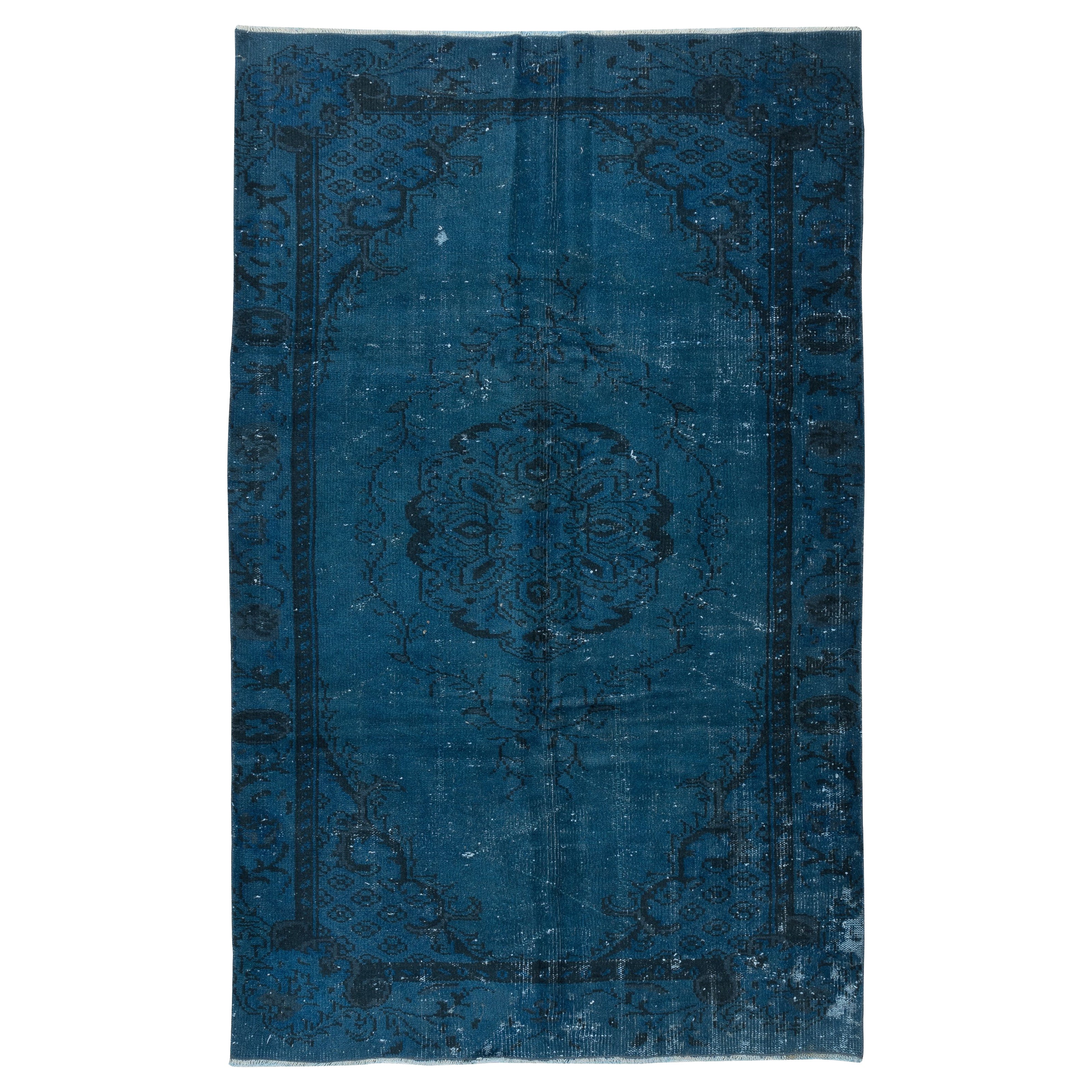 5x8 Ft Art Deco Chinese Inspired Handmade Turkish Area Rug in Dark Blue Color