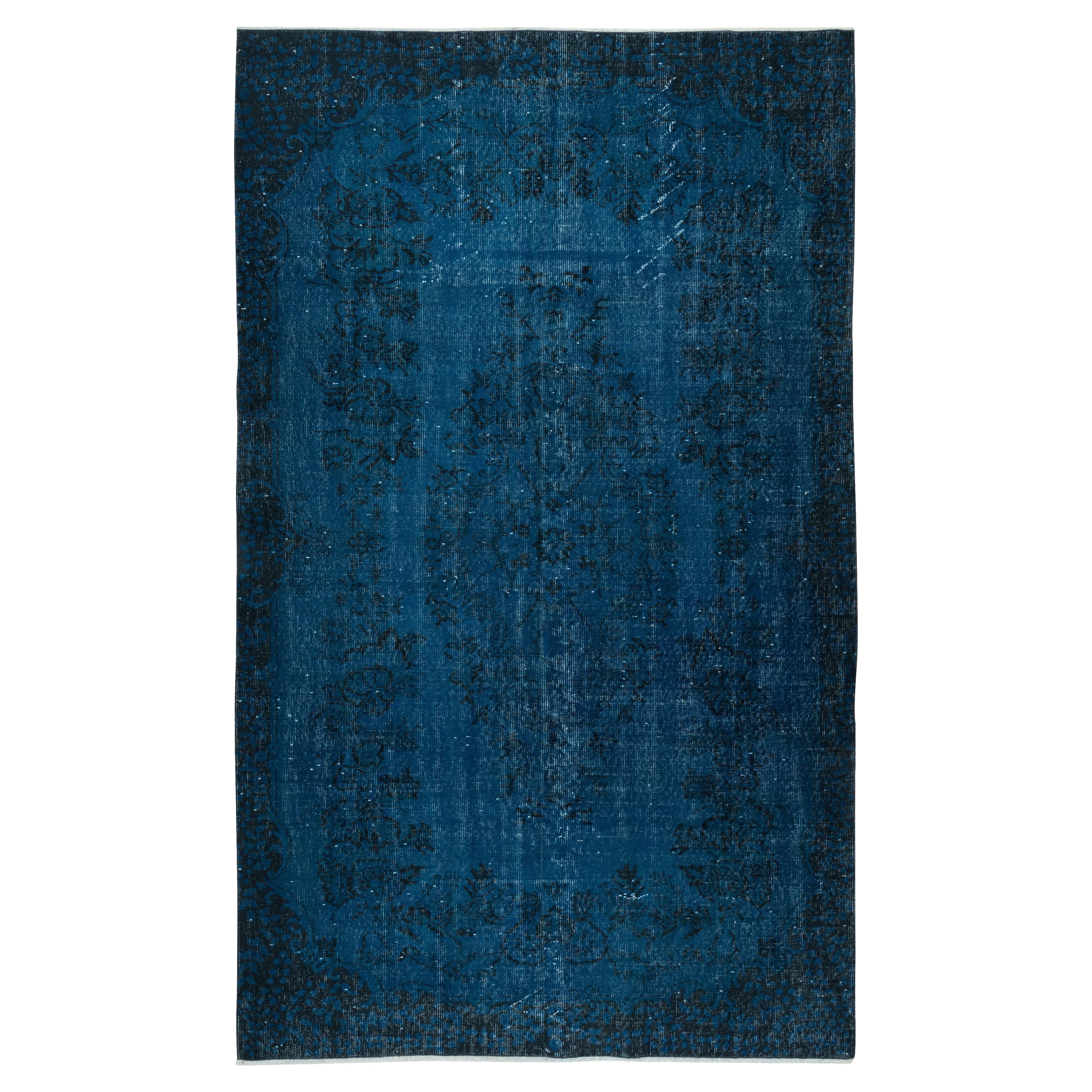 5.6x9.4 Ft Handmade Vintage Wool Area Rug dyed in Dark Blue 4 Modern Interiors