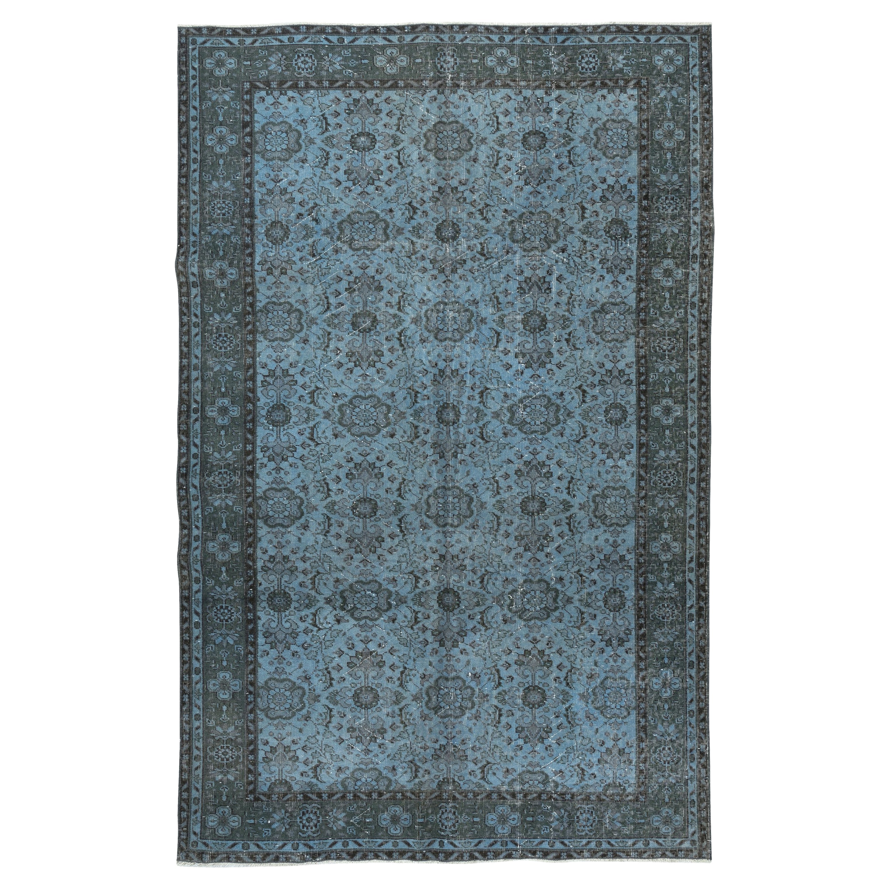 6x9.4 Ft Vintage Handmade Turkish Wool Area Rug dyed in Blue 4 Modern Interiors For Sale