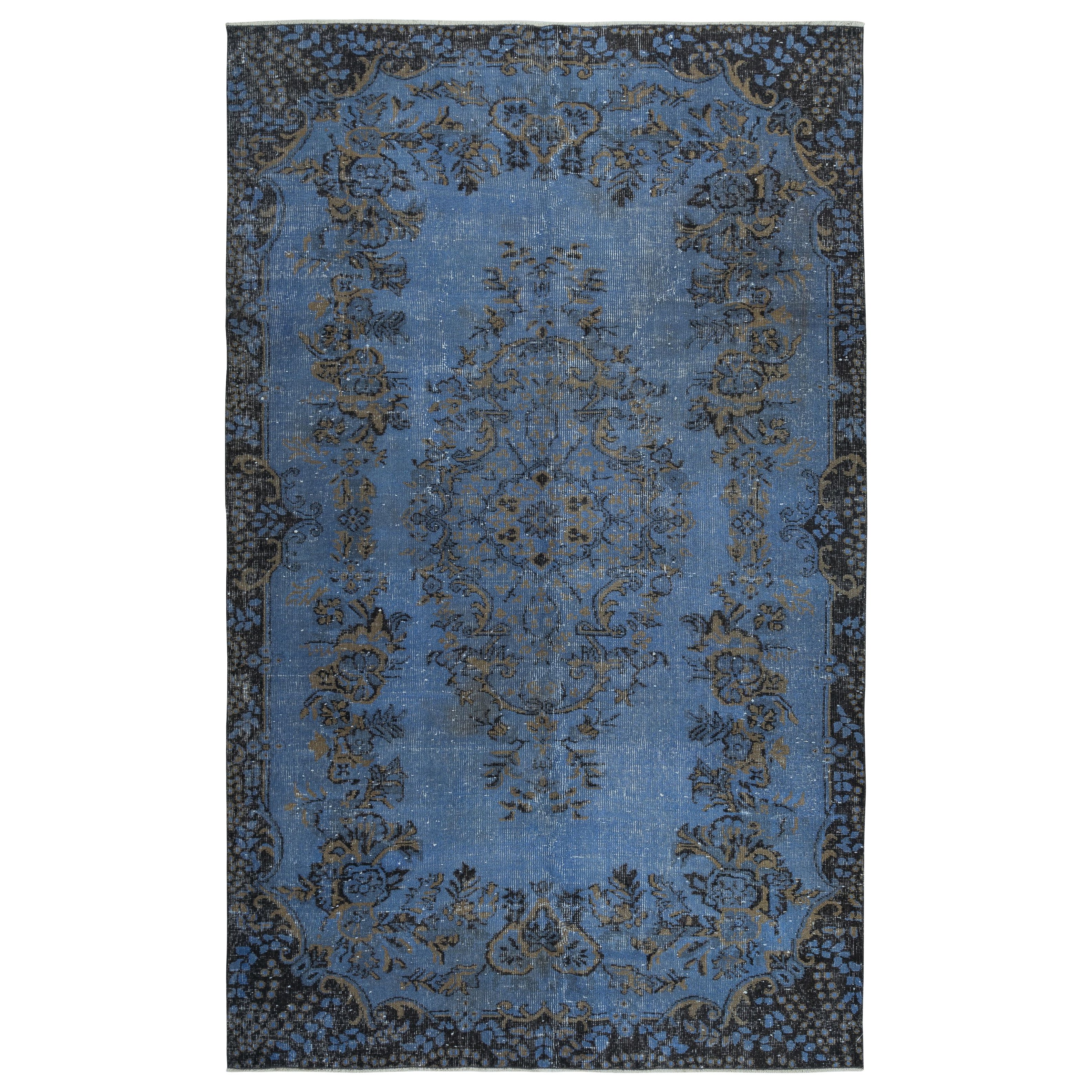 5.6x9 Ft Contemporary Handmade Blue Color Turkish Area Rug with Medallion Design
