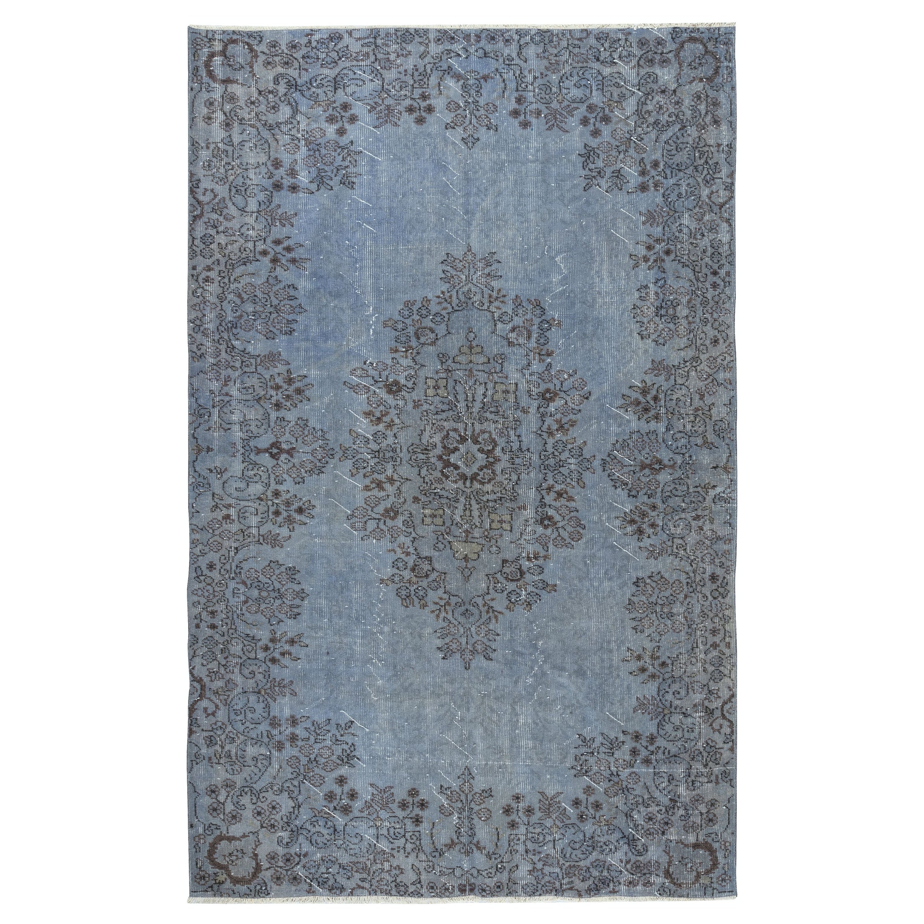 Alfombra turca moderna hecha a mano de 5,8 x 9 pies en azul claro. Revestimiento de lana para suelos