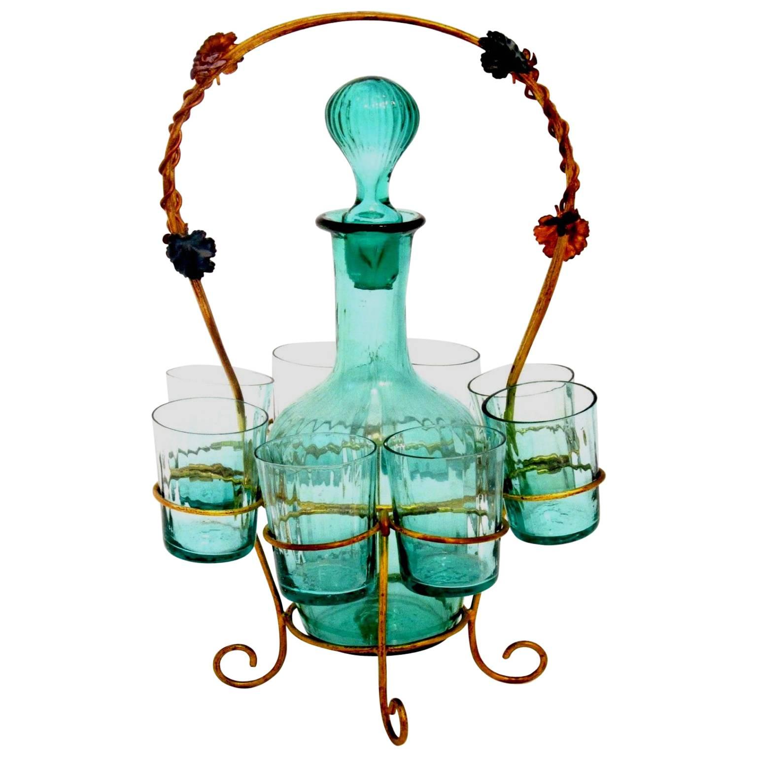 Antique French Green-Blue Glass Liquor Cabaret Set 9 Pieces with Ormolu Stand For Sale