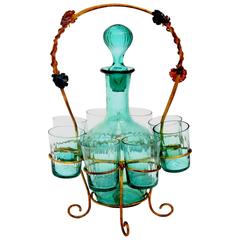 Antique French Green-Blue Glass Liquor Cabaret Set 9 Pieces with Ormolu Stand 5