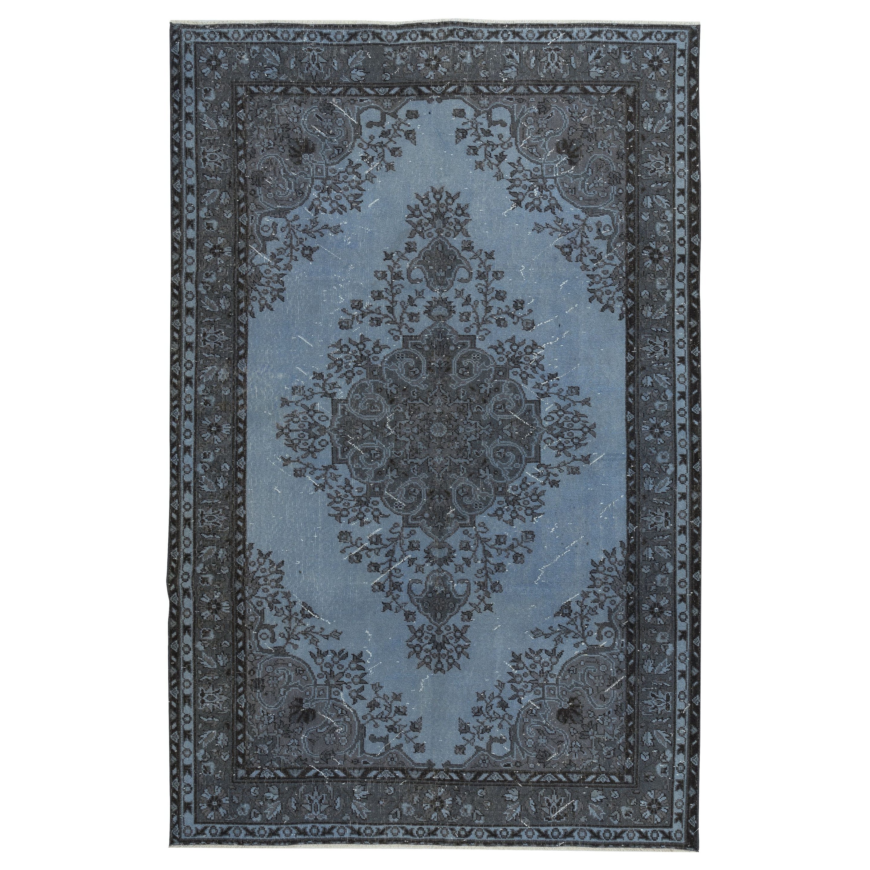 6x9.2 Ft Modern Hand Knotted Blue Color Turkish Area Rug with Medallion Design