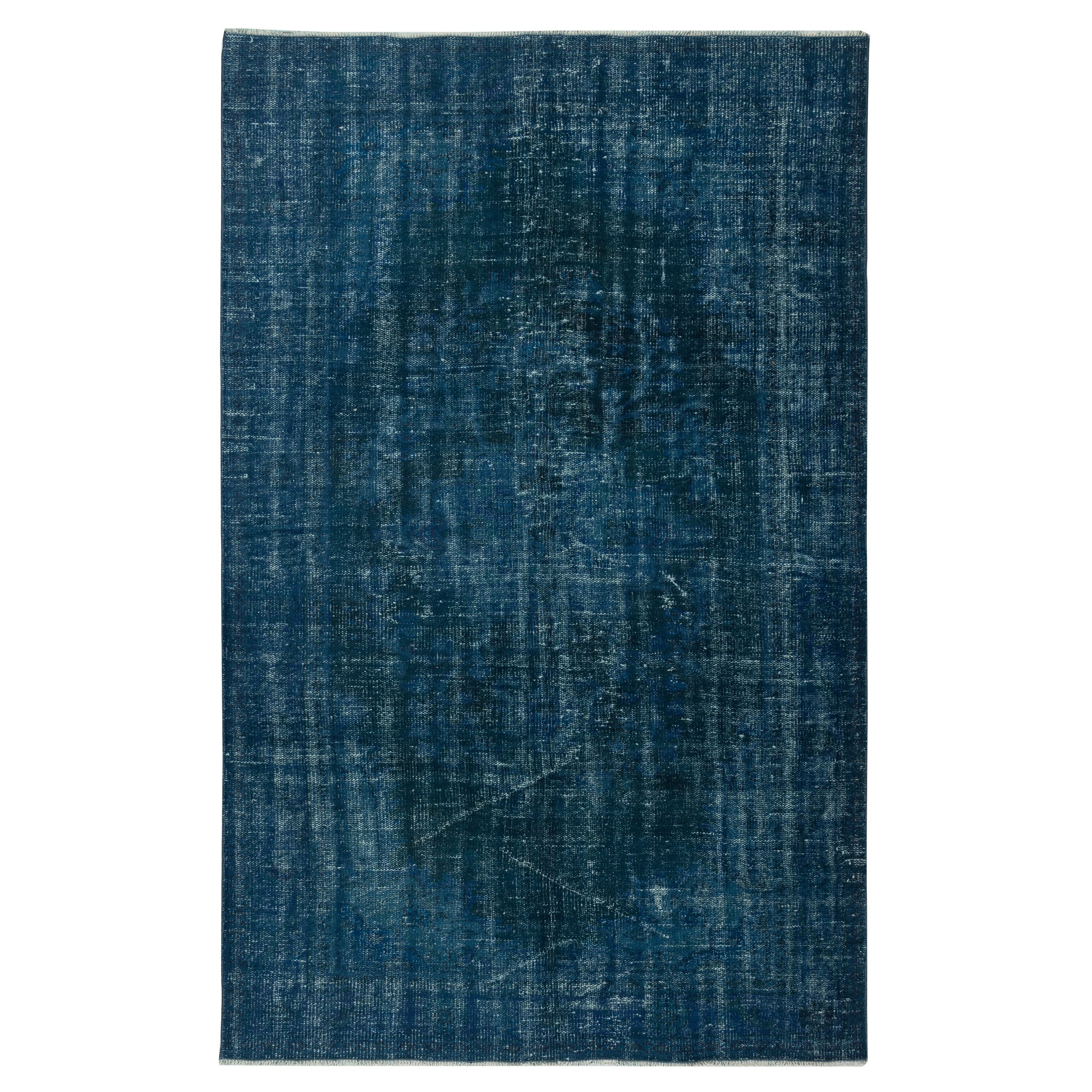 5.7x9 Ft Contemporary Handmade Turkish Area Rug Over-Dyed in Navy Blue Color
