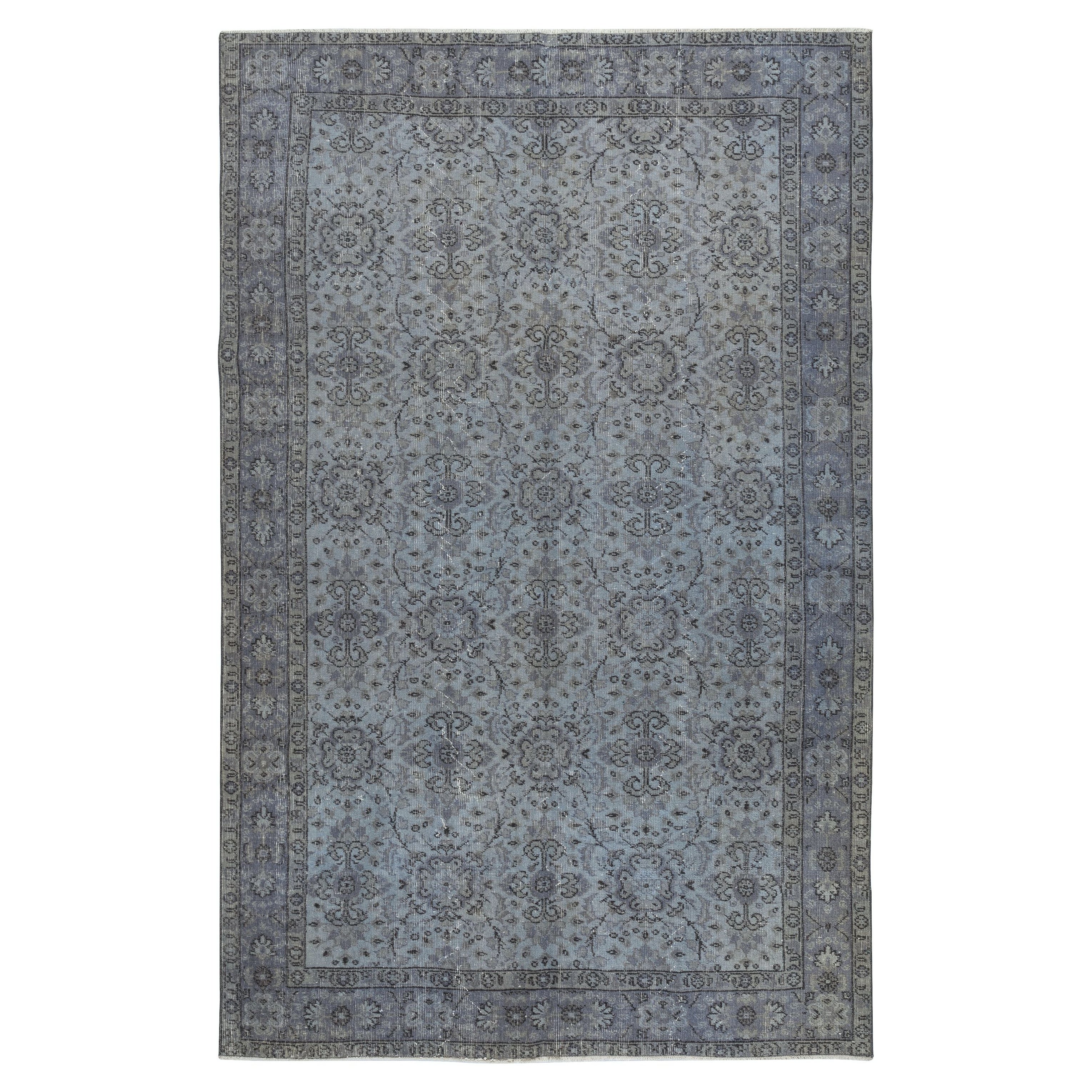 5.8x9 Ft Contemporary Handmade Blue Color Turkish Area Rug with Floral Design