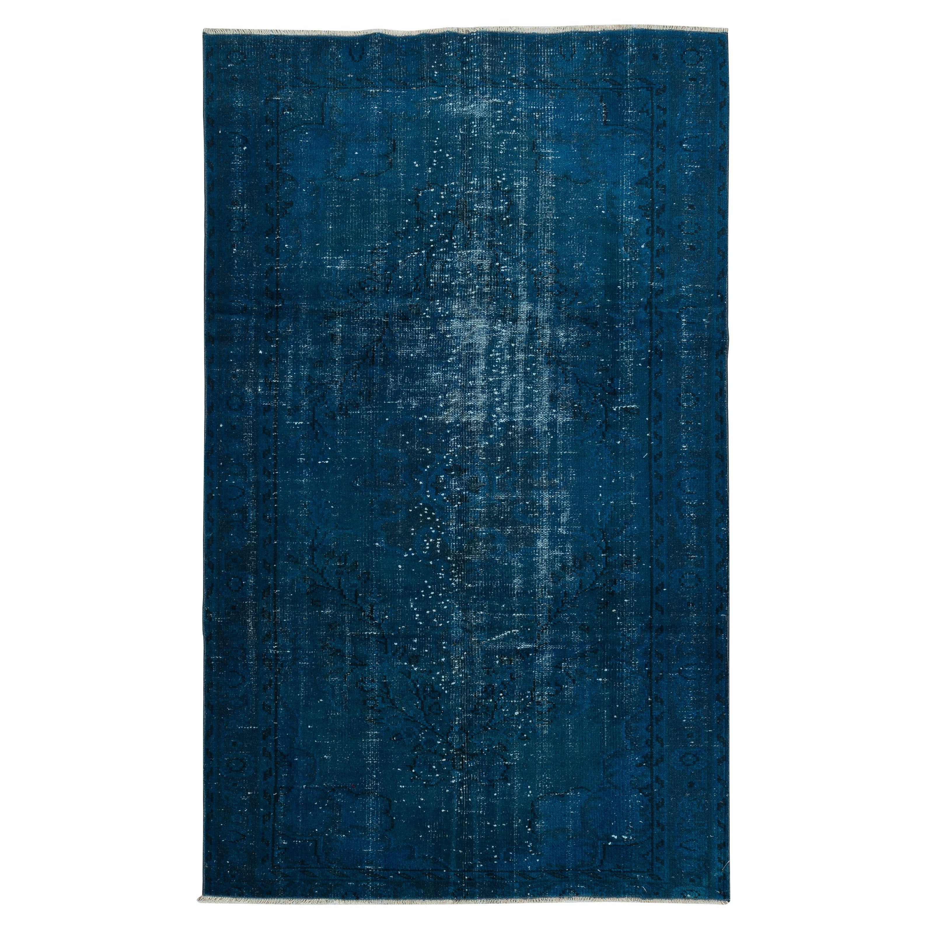 4.7x7.7 Ft Modern Wool Area Rug in Solid Navy Blue Color, Hand-knotted in Turkey