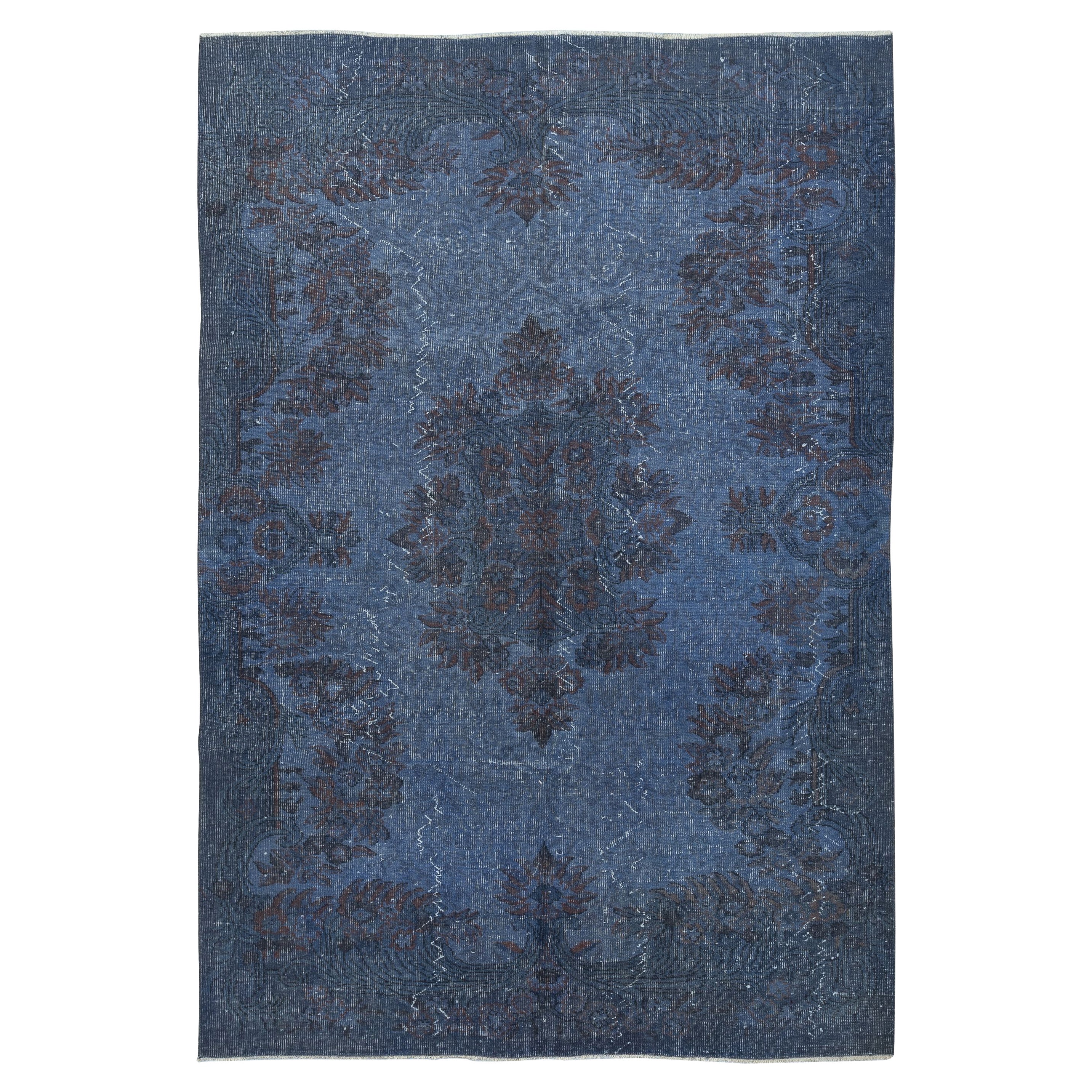 5.7x8 Ft Modern Handmade Turkish Wool Area Rug in Blue. Low Pile Floor Covering