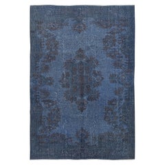 5.7x8 Ft Modern Handmade Turkish Wool Area Rug in Blue. Low Pile Floor Covering