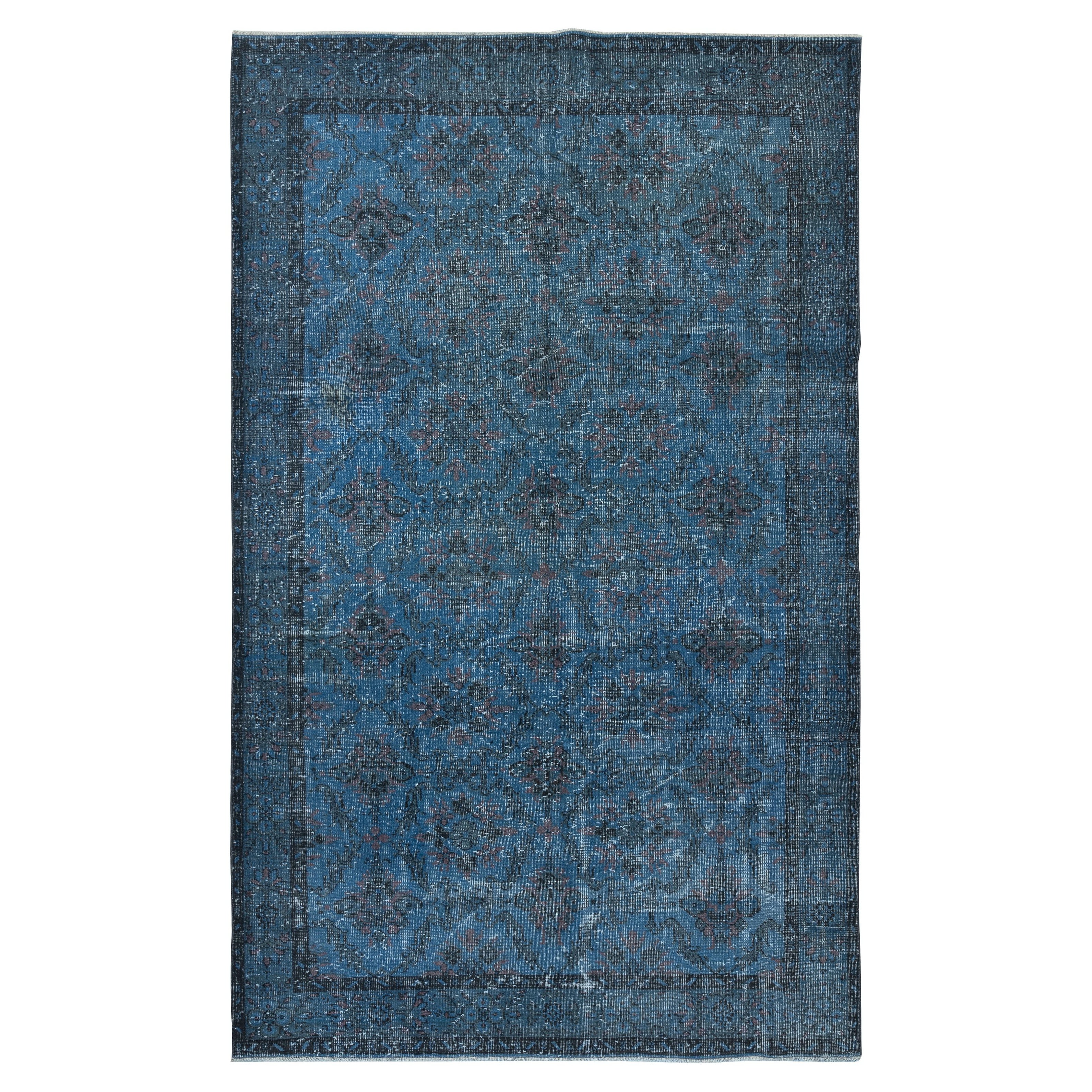 6.3x10 Ft Modern Handmade Floral Patterned Turkish Area Rug Over-Dyed in Blue