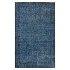 6.3x10 Ft Modern Handmade Floral Patterned Turkish Area Rug Over-Dyed in Blue