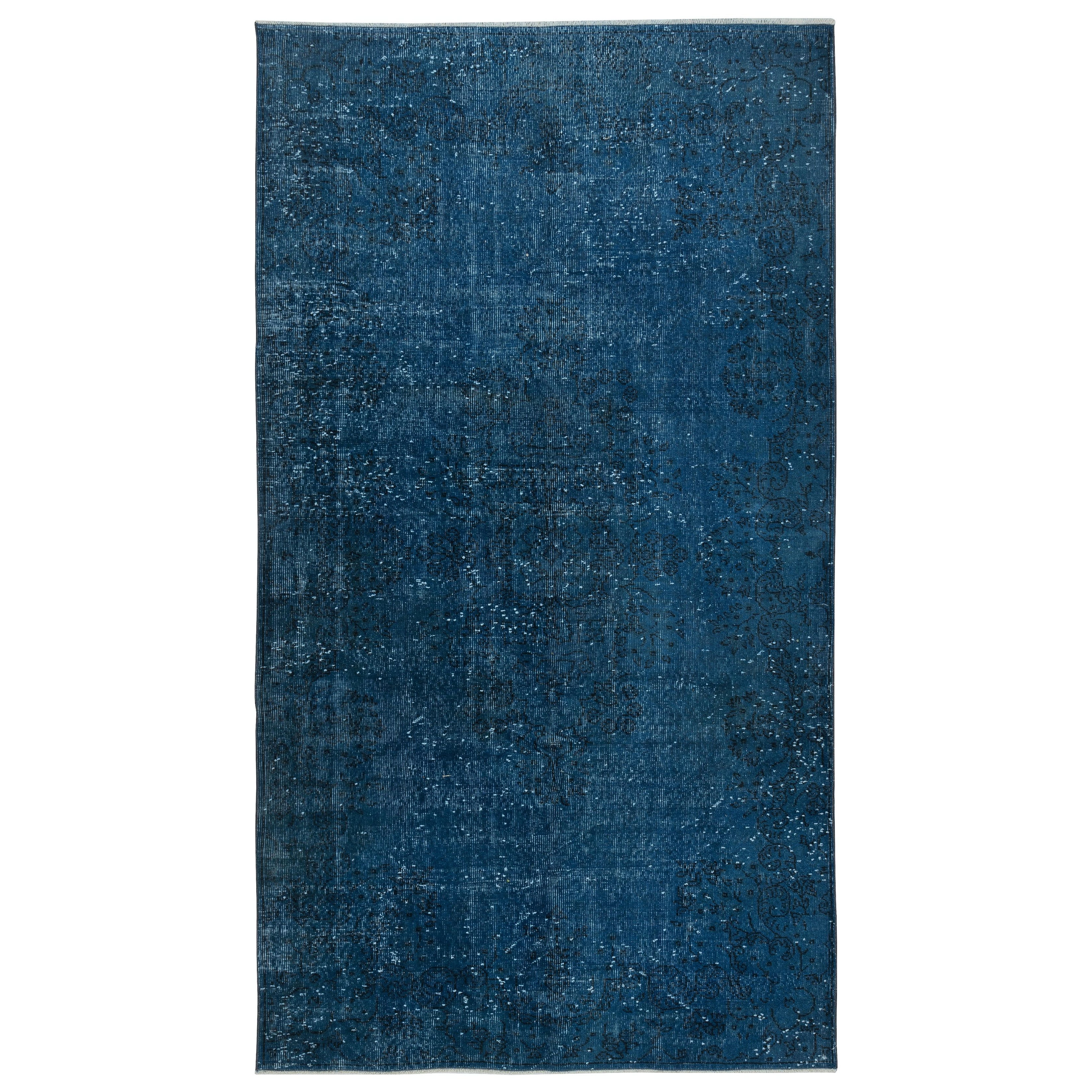 Alfombra azul de 5,6x10 pies para interiores contemporáneos, hecha a mano en Turquía