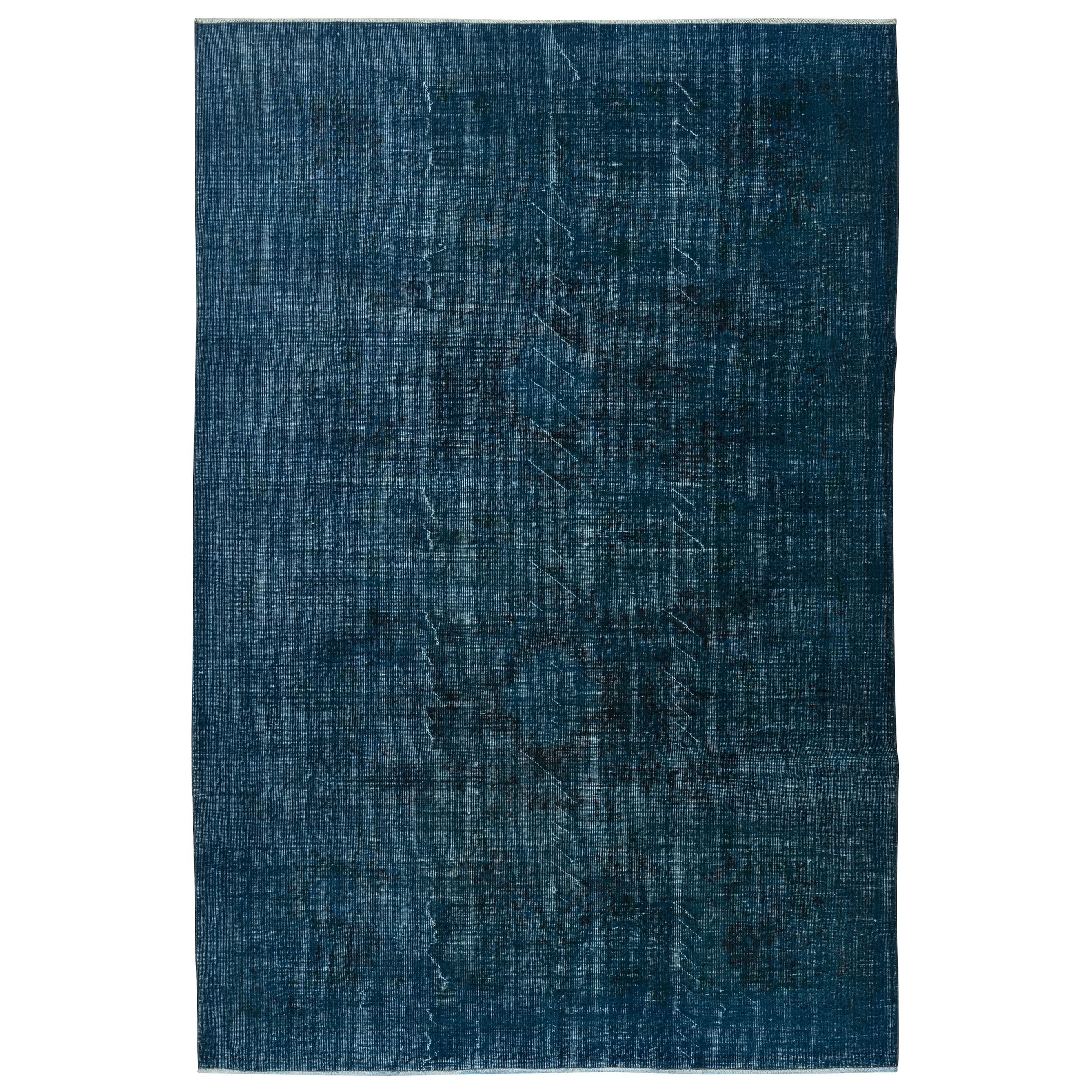 6.5x9.6 Ft Modern Wool Area Rug in Solid Navy Blue Color, Hand-knotted in Turkey For Sale