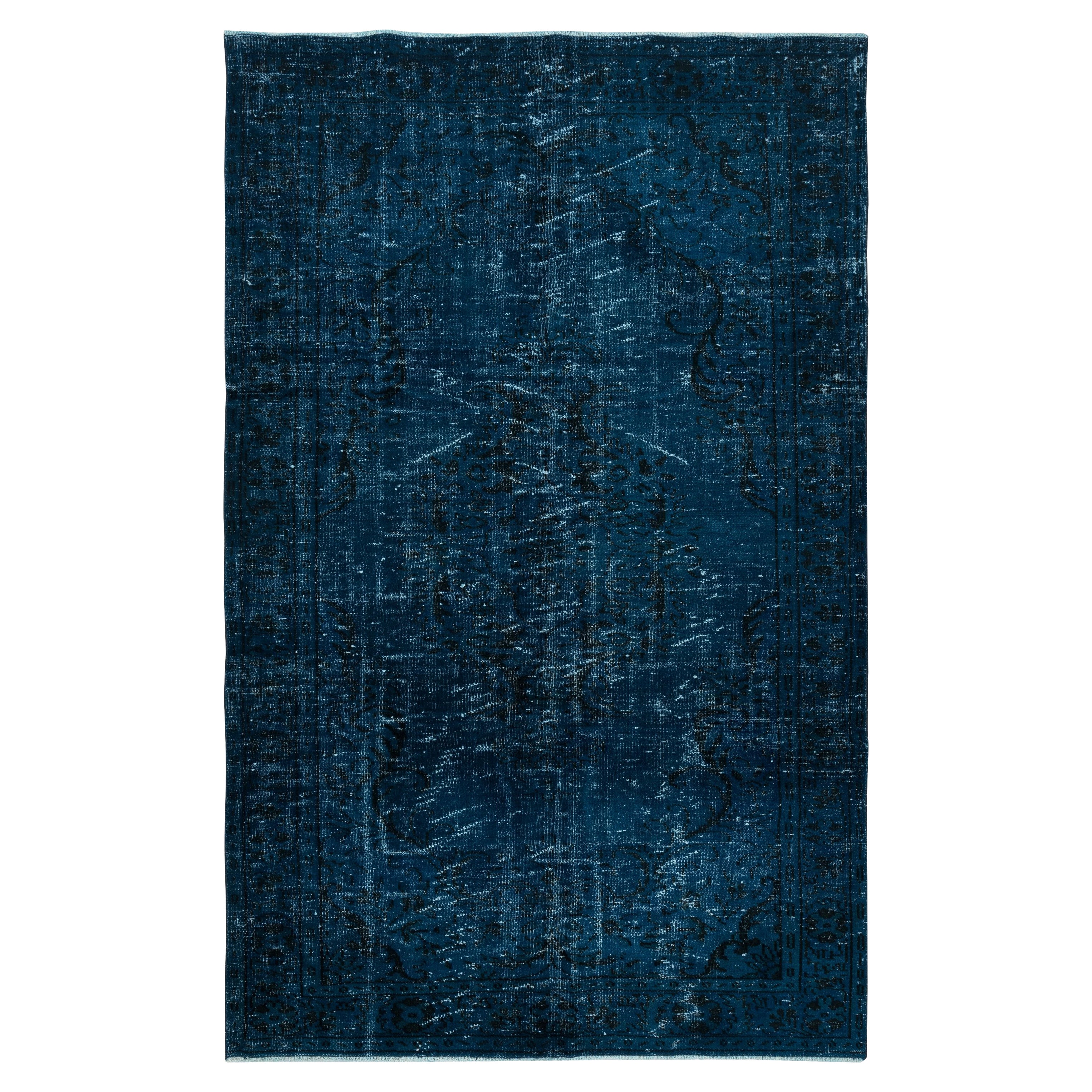 6.2x10 Ft Vintage Modern Rug redyed in Navy Blue Color for modern interiors en vente