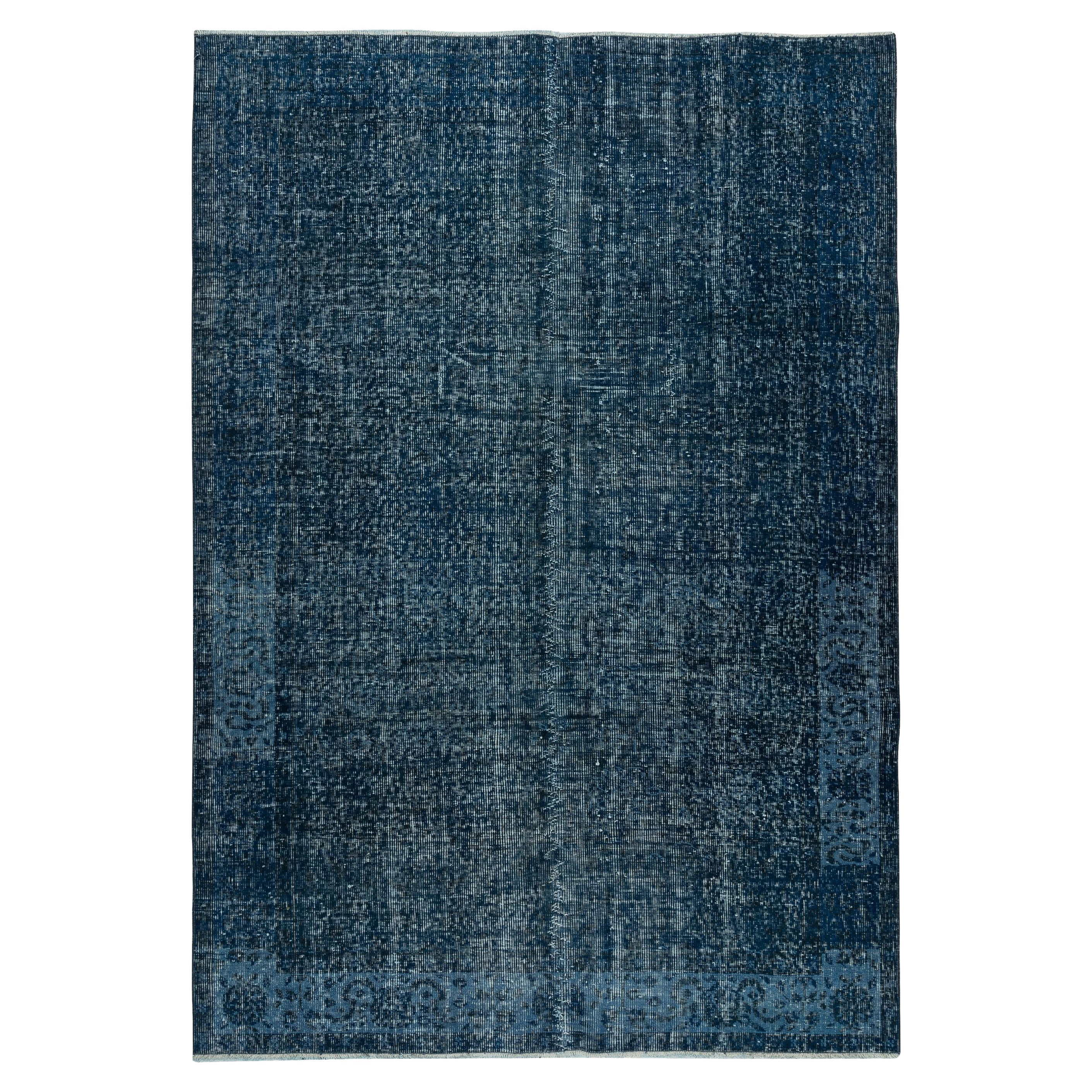 5.5x8.2 Ft Handmade Turkish Wool Area Rug in Navy Blue. Room Size Floor Covering