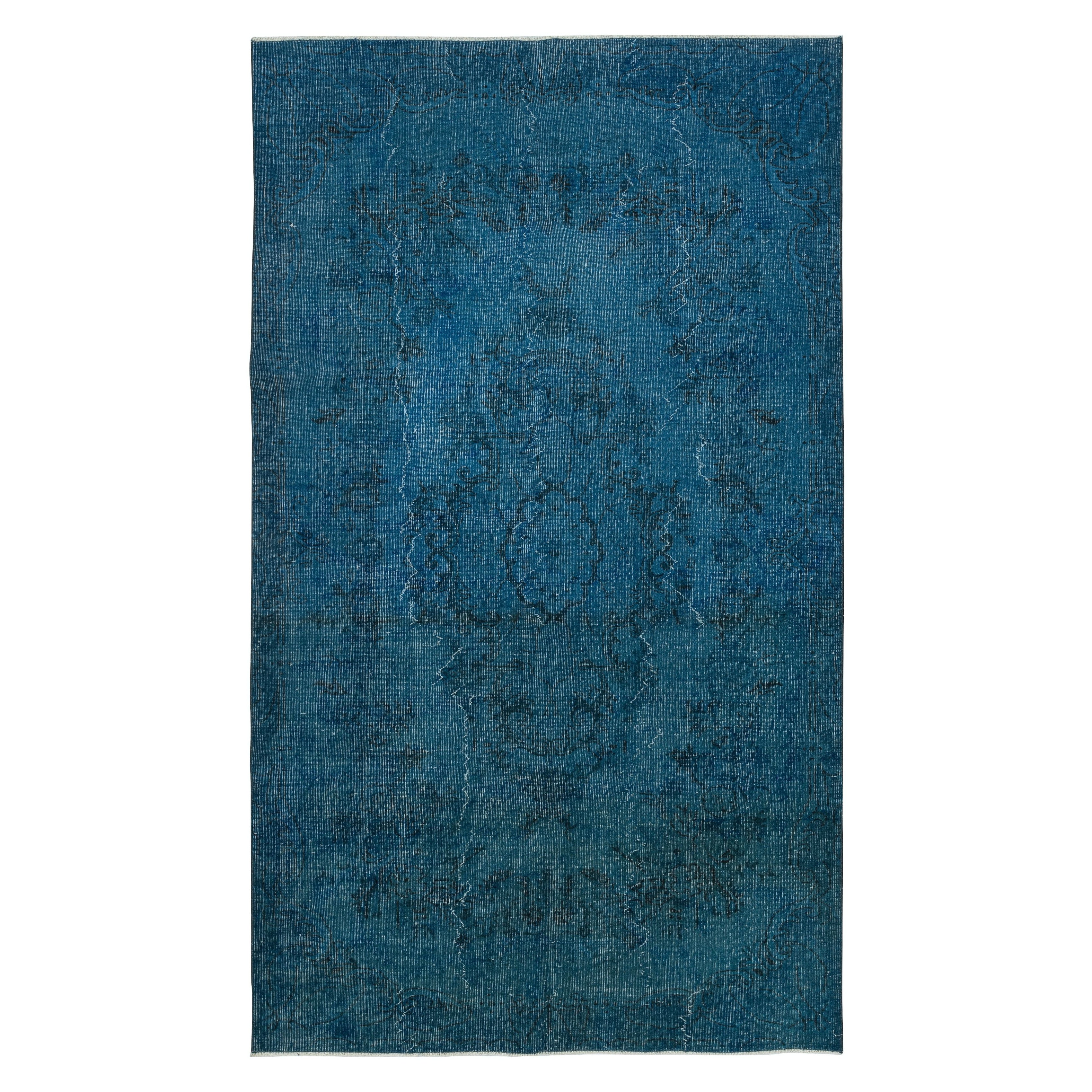 Alfombra turca vintage de 1,5 x 1,8 m teñida de azul para interiores modernos
