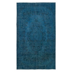 Alfombra turca vintage de 1,5 x 1,8 m teñida de azul para interiores modernos