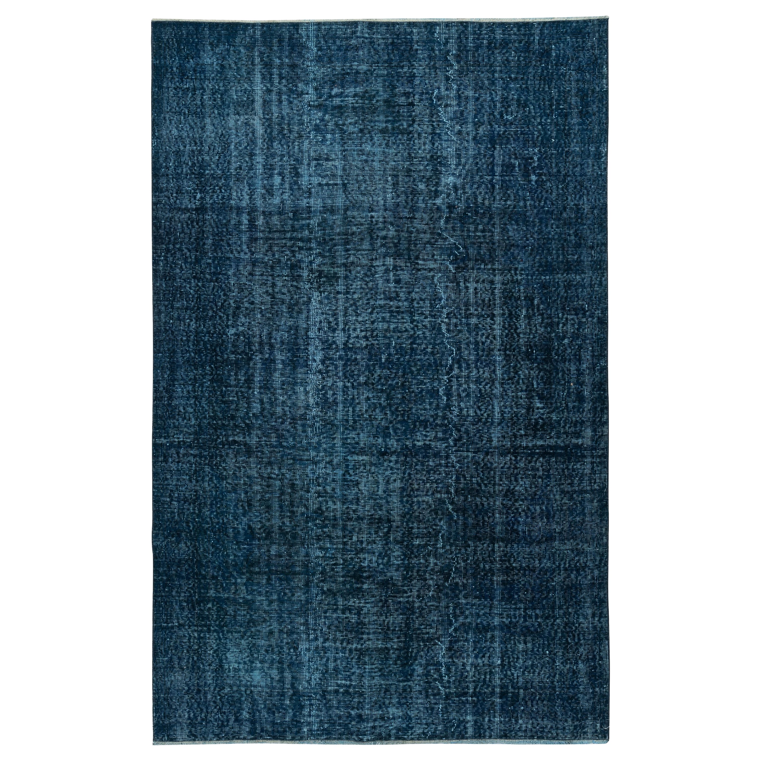 5.3x8.4 Ft Modern Handmade Turkish Area Rug Over-Dyed in Solid Navy Blue Color For Sale
