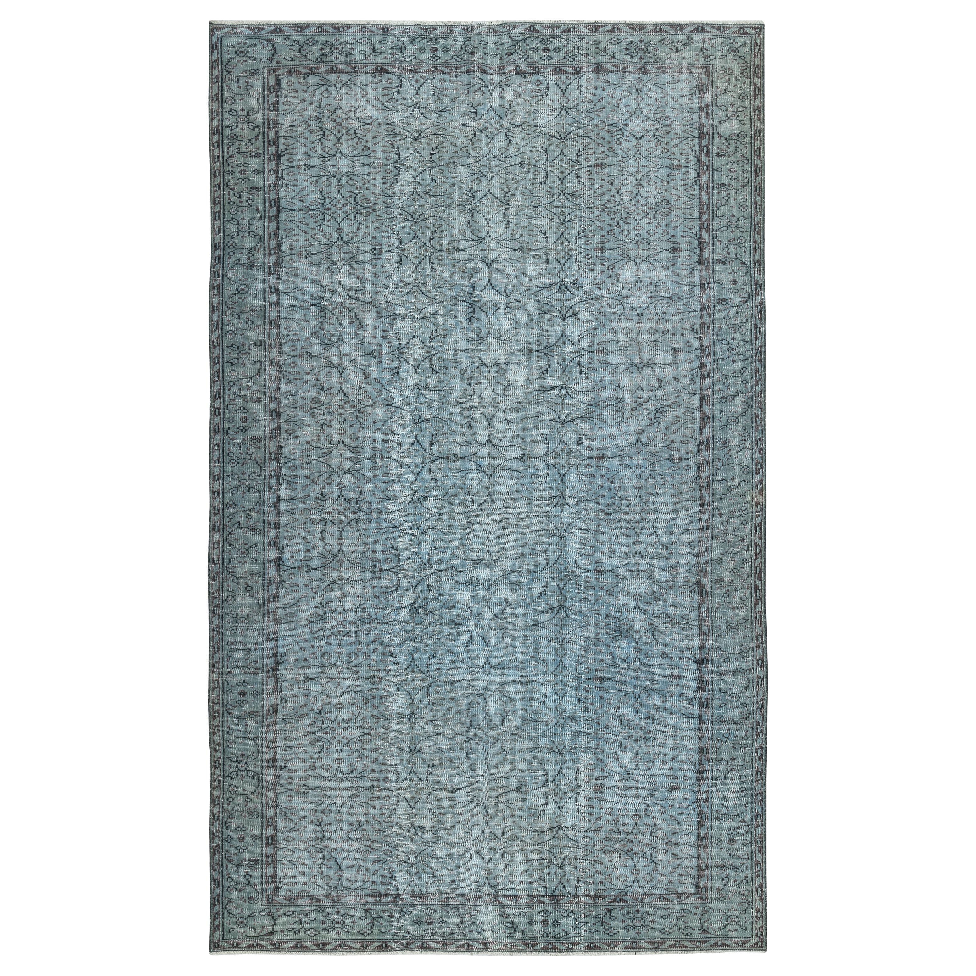 6.5x10.8 Ft Blue Color Over-Dyed Rug. Handmade Turkish Carpet with Floral Design