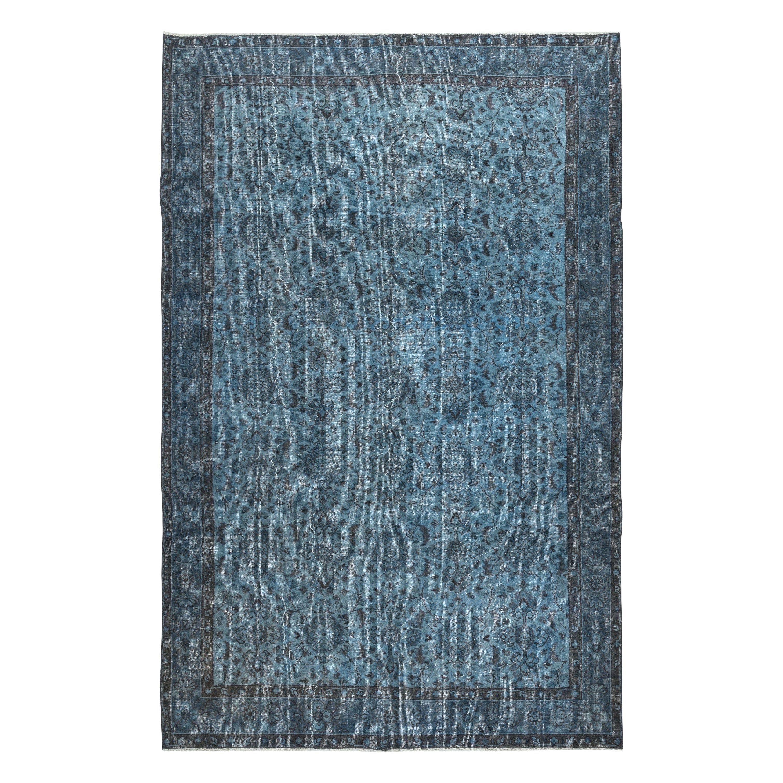 6.6x10.2 Ft Modern Handmade Blue Color Turkish Wool Area Rug with Floral Design