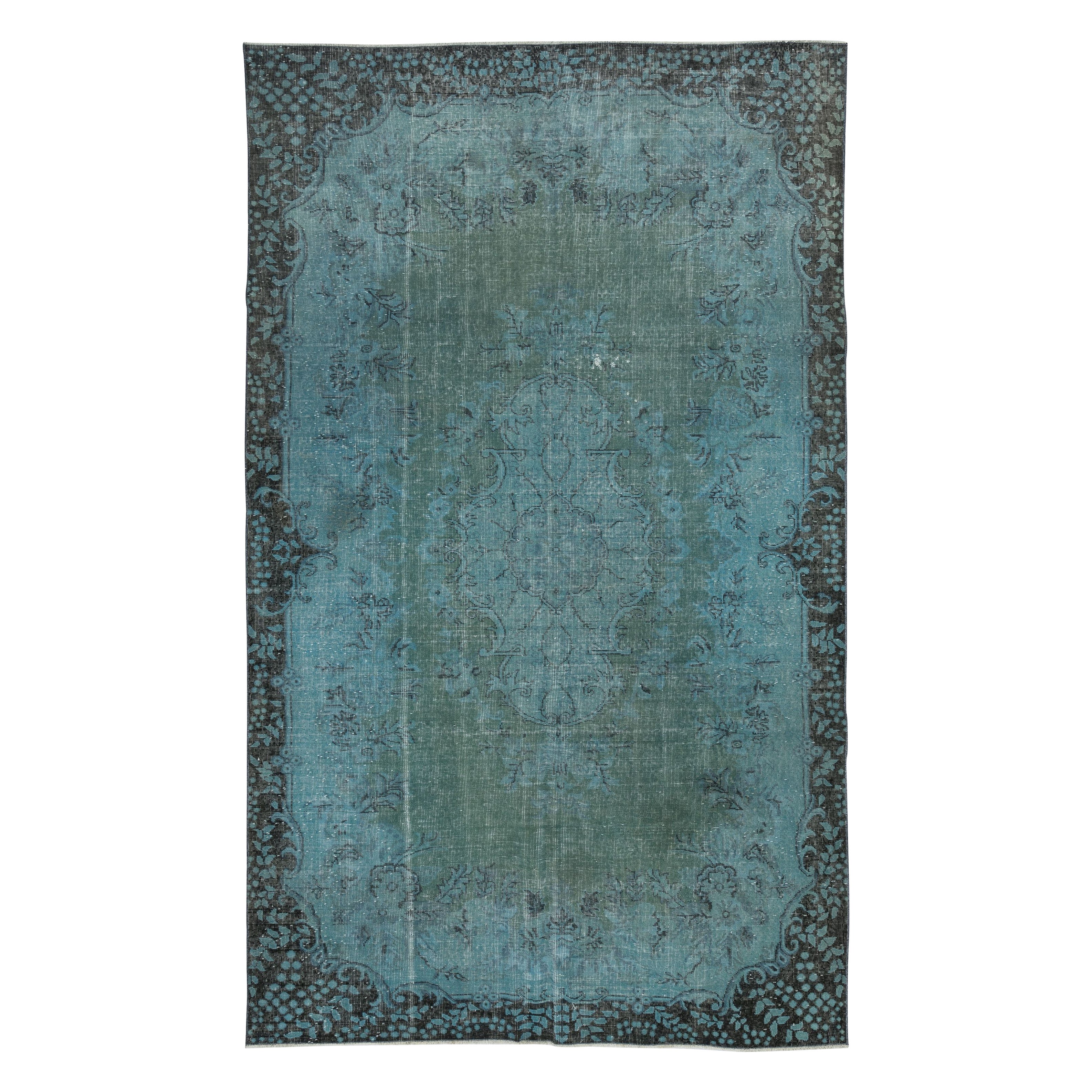 6.4x10.7 Ft Blue Color Area Rug with Medallion Design. Handmade in Turkey
