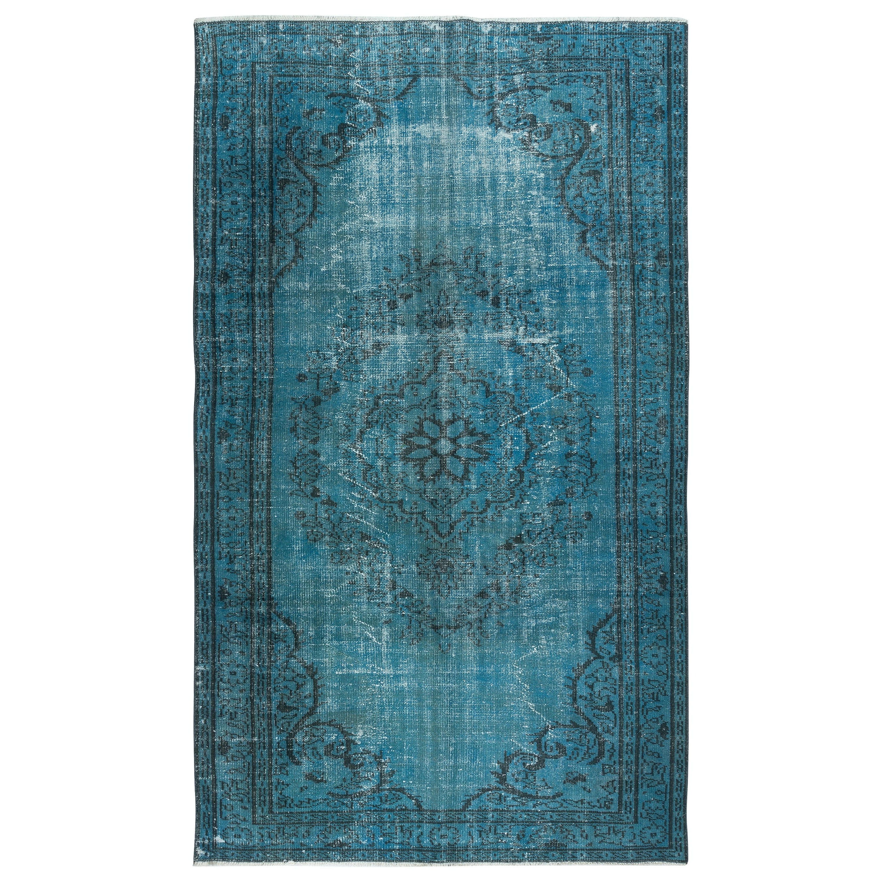 Alfombra turca vintage teñida de azul para interiores modernos