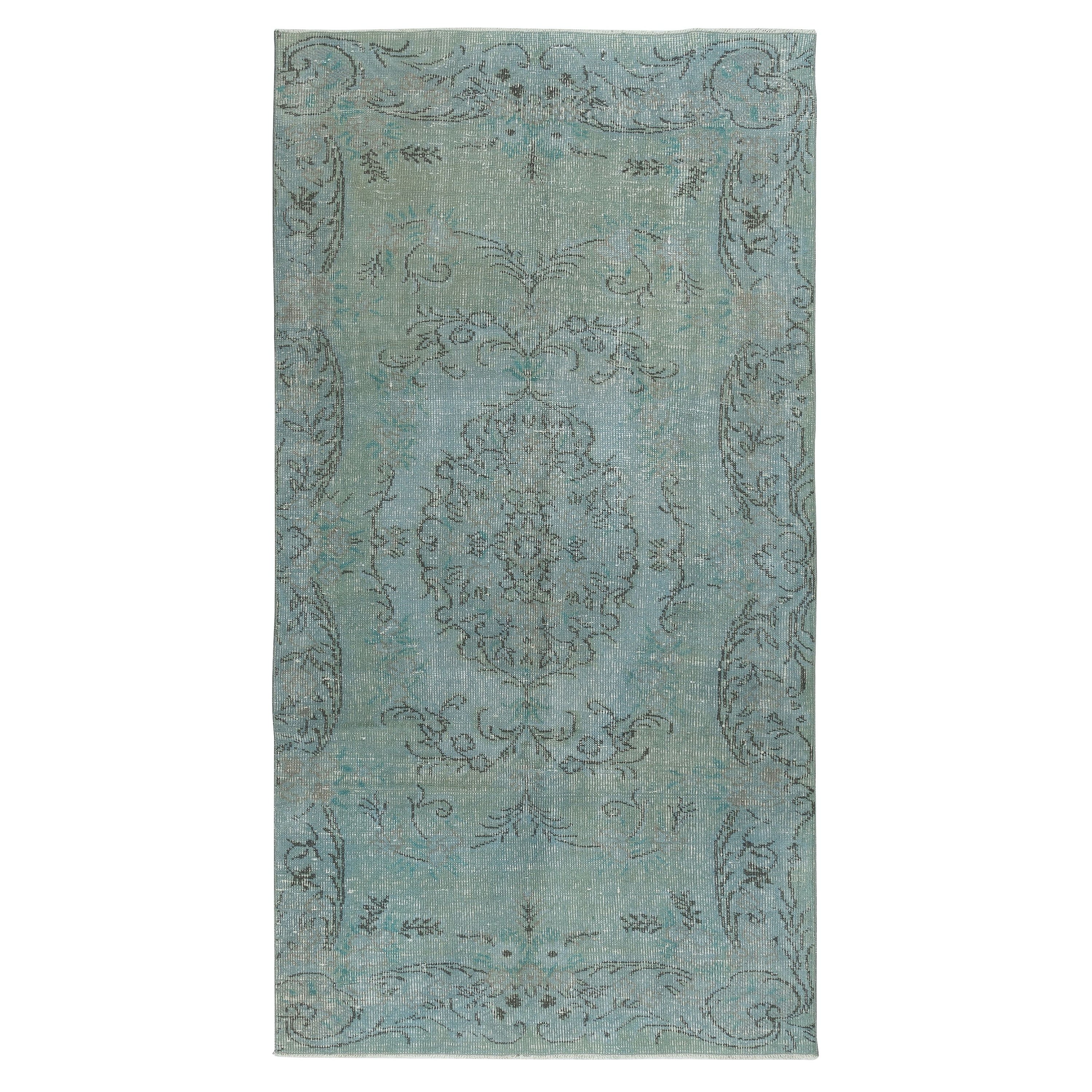 4.7x8.7 Ft Vintage Turkish Rug redyed in Light Blue Color for modern interiors