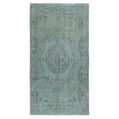 Tappeto turco vintage 4.7x8.7 Ft tinto in azzurro per interni moderni