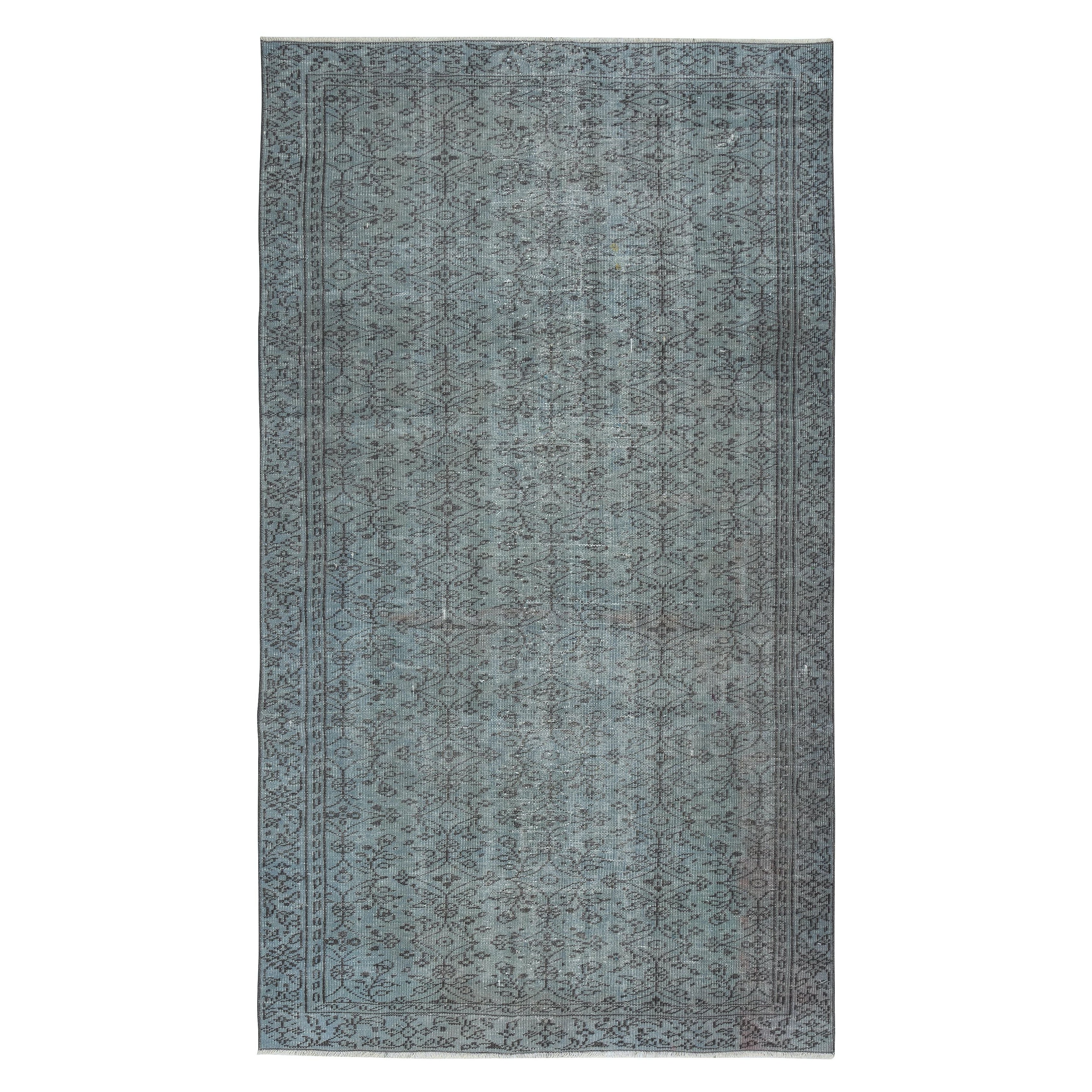 5x9 Ft Modern Blue Color Handmade Turkish Wool Area Rug with Flower Design For Sale