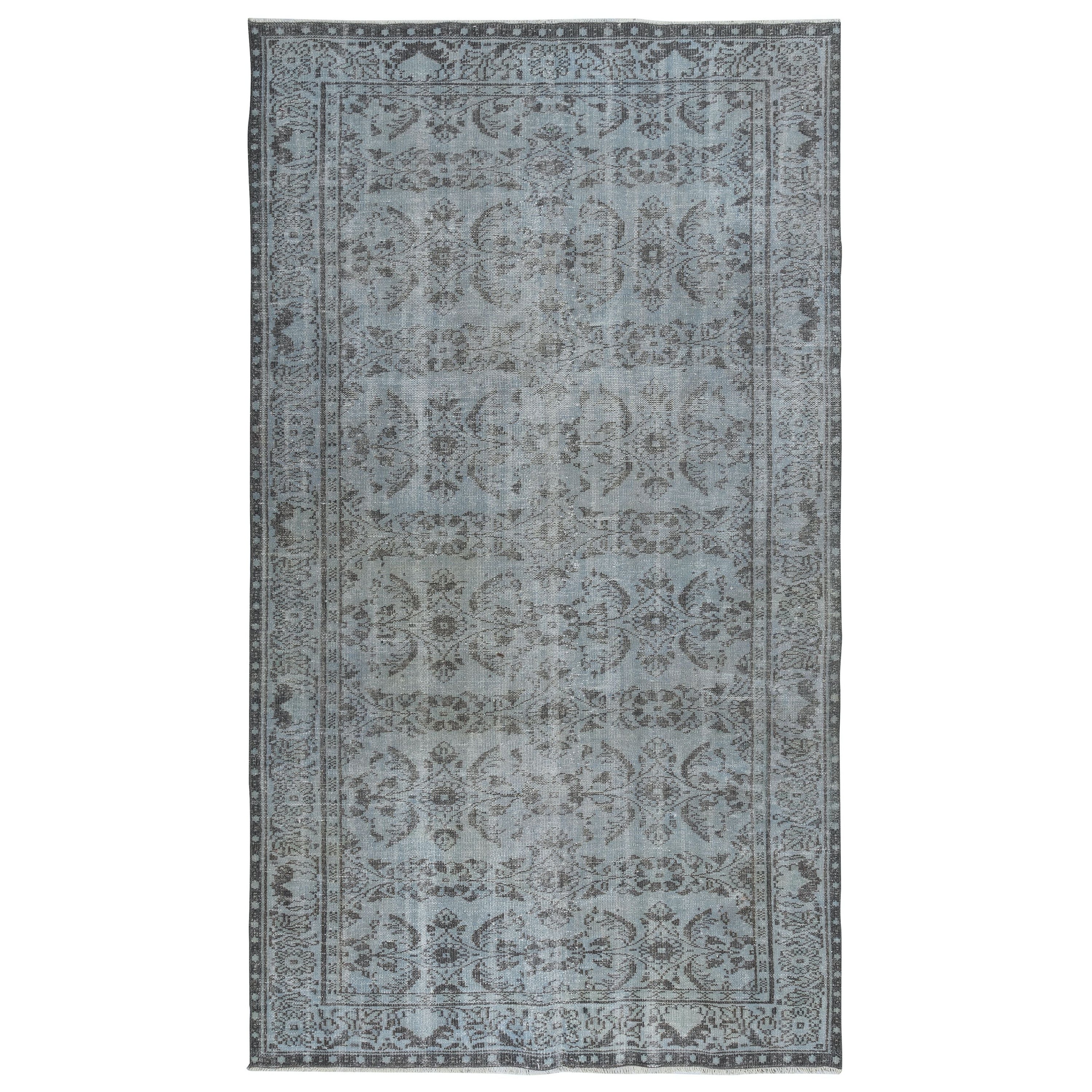 5.6x10 Ft Vintage Turkish Area Rug redyed in Blue Color for modern interiors