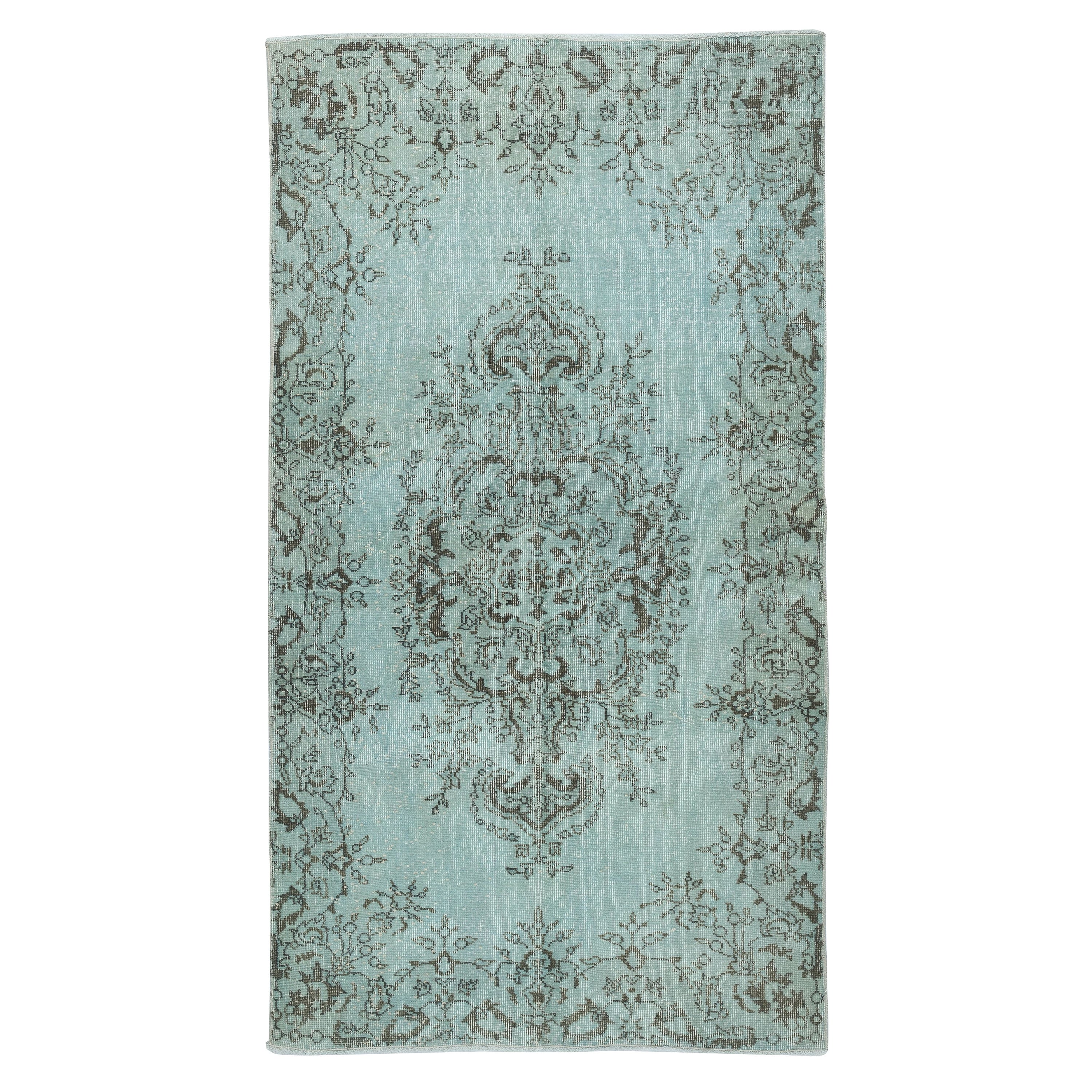 3.8x7 Ft Light Blue Accent Rug with Medallion Design. Hand-Knotted in Turkey